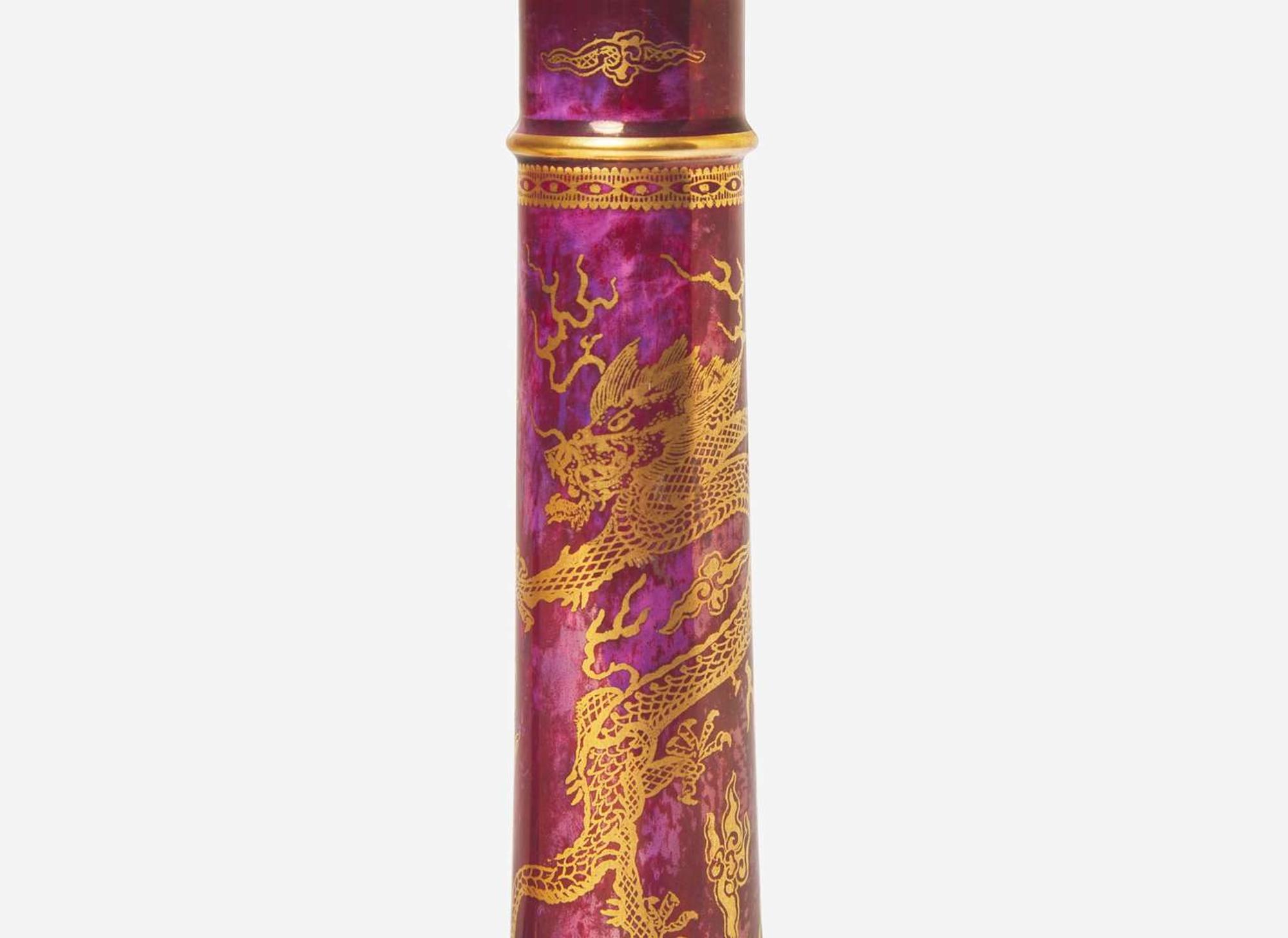 A Pair of Wedgwood Ruby Dragon Lustre Candlesticks, UK, circa 1915