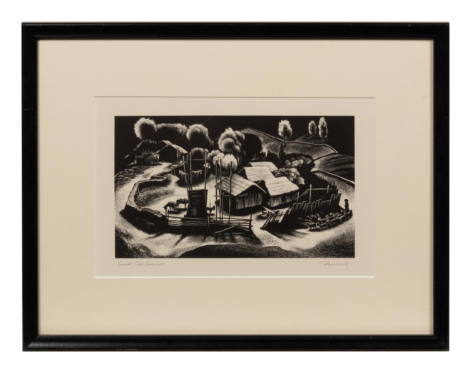 A group of four American prints (Philip Cheney, Sweet Water ; Fred Shane, Farm in the Rockies ; Lynd Ward, The Corral - Tres Cumbres ; Edward A. Wilson, Hog Back Meeting House )