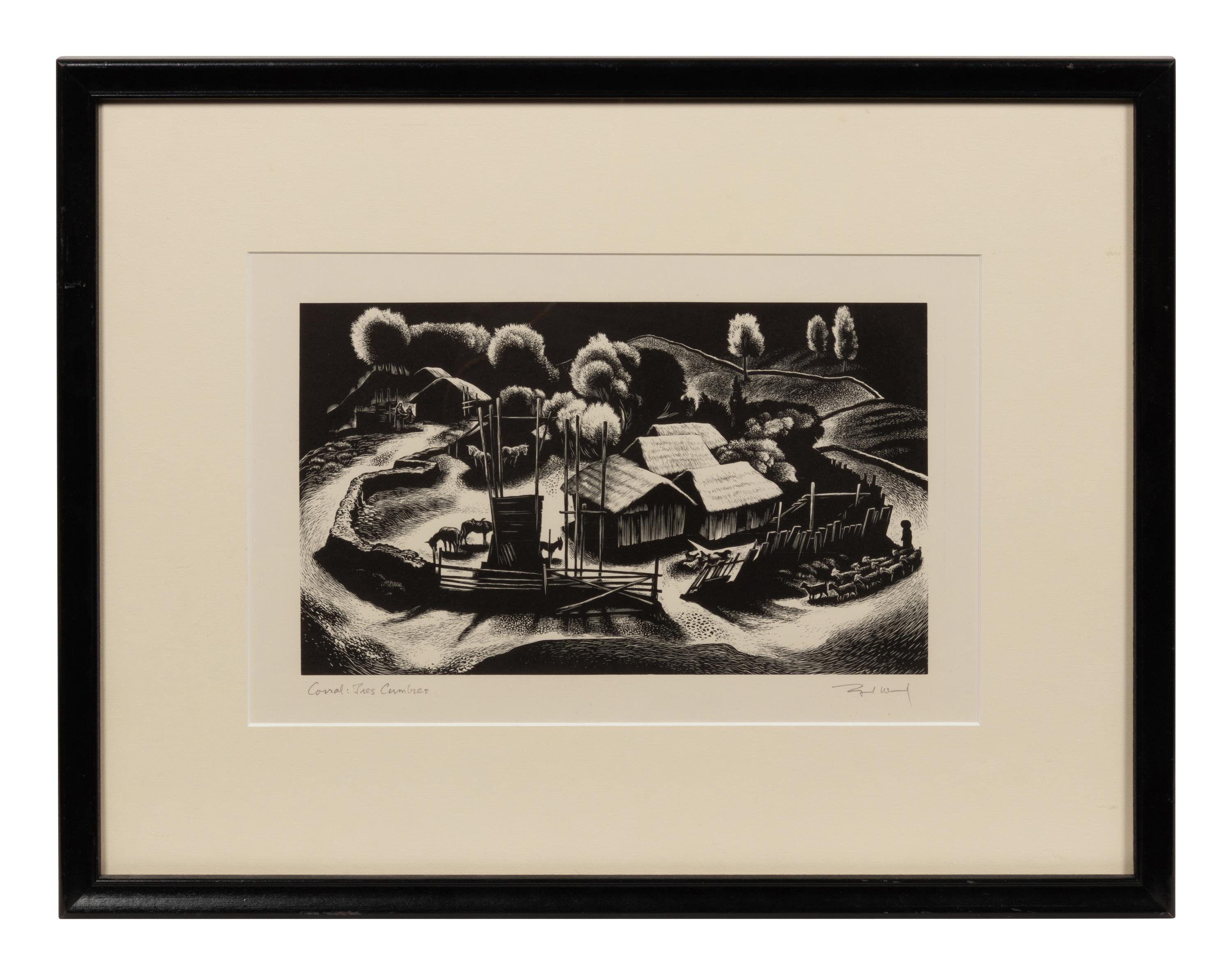 A group of four American prints (Philip Cheney, Sweet Water ; Fred Shane, Farm in the Rockies ; Lynd Ward, The Corral - Tres Cumbres ; Edward A. Wilson, Hog Back Meeting House )