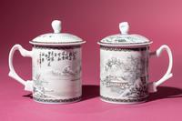 A Set of Seven Grisaille Decorated Porcelain Wares
