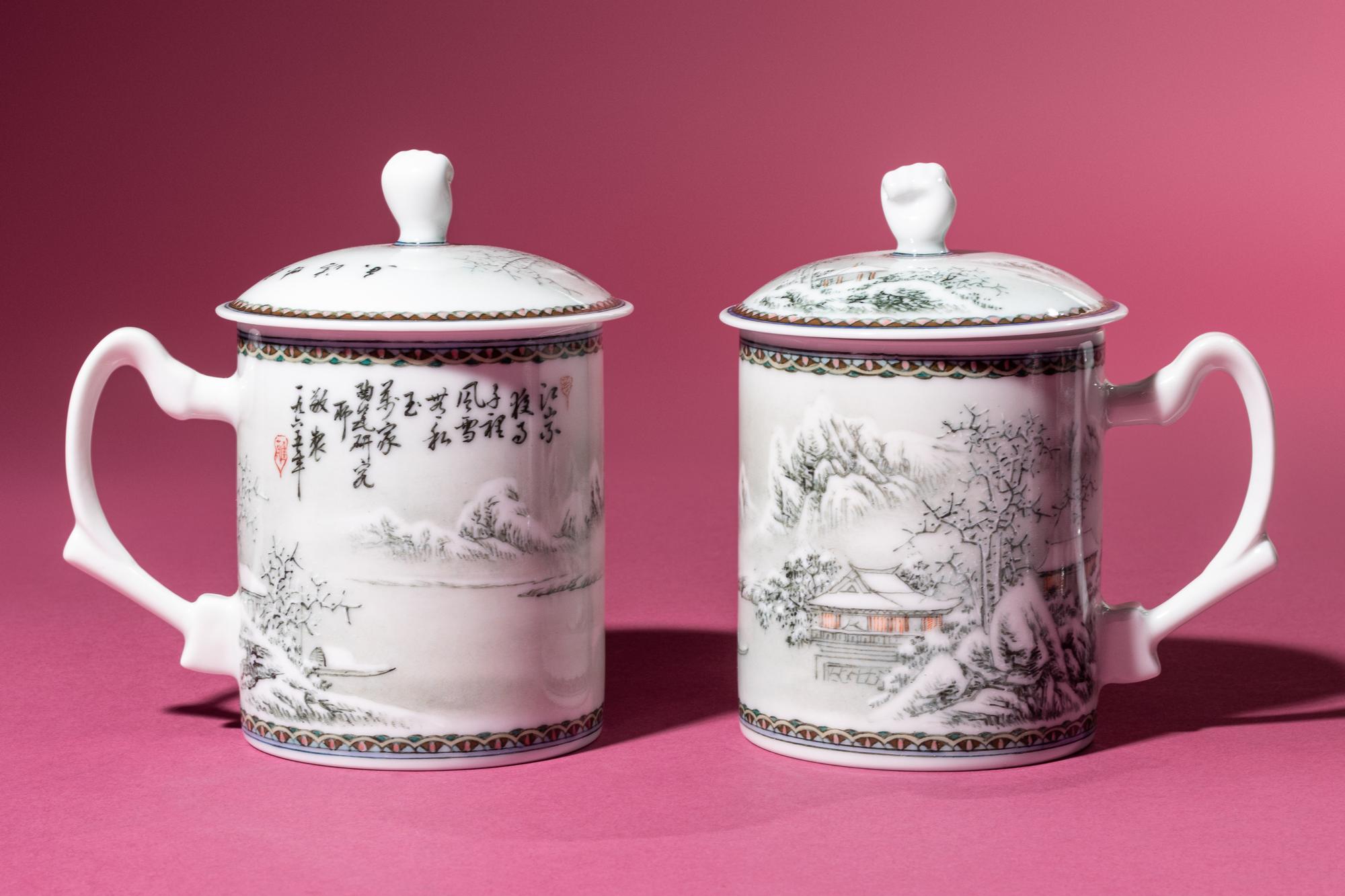 A Set of Seven Grisaille Decorated Porcelain Wares