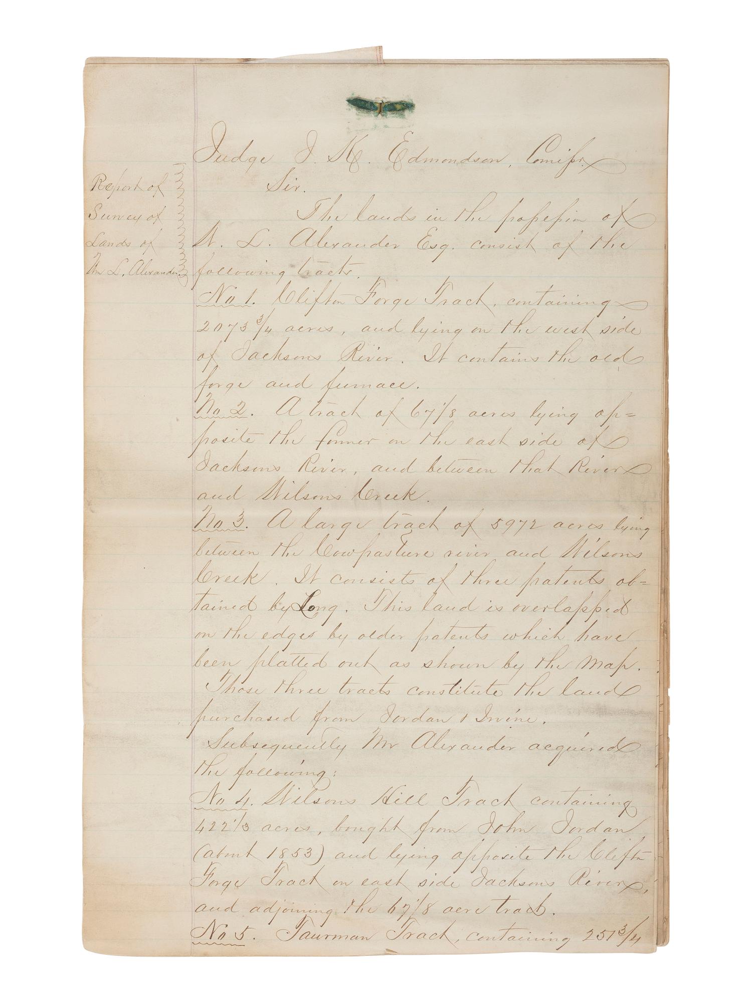 [MAPS & ATLASES]. Manuscript survey report and map of a Virginia estate, August 1872.