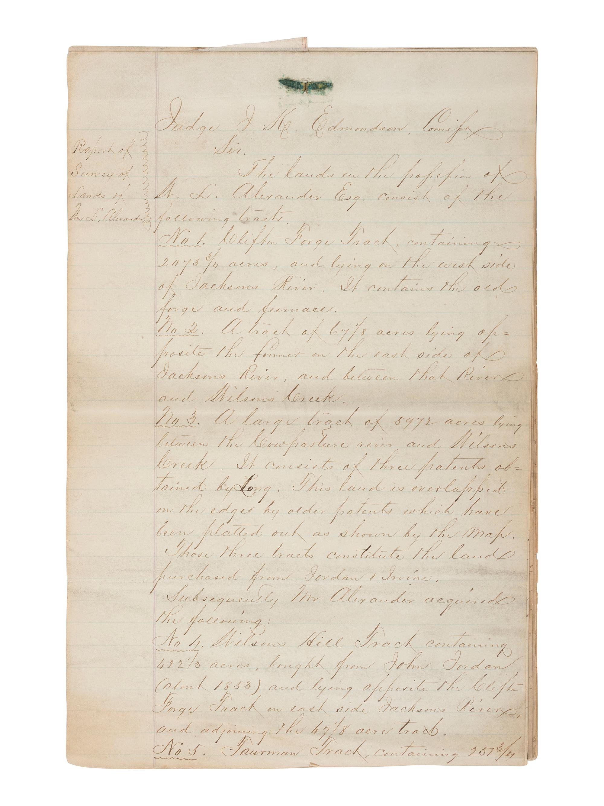[MAPS & ATLASES]. Manuscript survey report and map of a Virginia estate, August 1872.