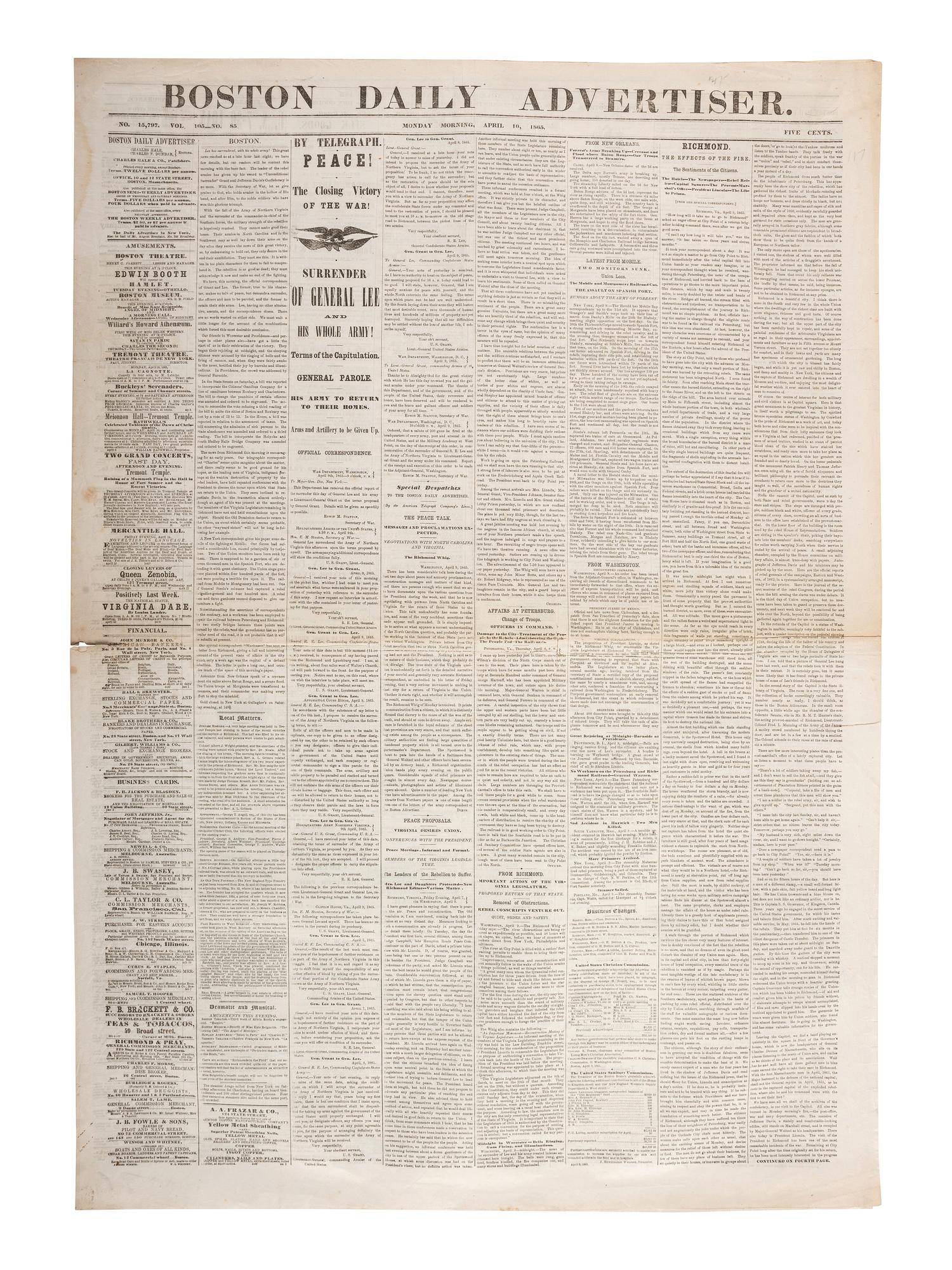 [CIVIL WAR - APPOMATTOX COURT HOUSE]. Boston Daily Advertiser. Vol. 105, No. 85. Boston, MA: Charles Hale & Co., 10 April 1865.