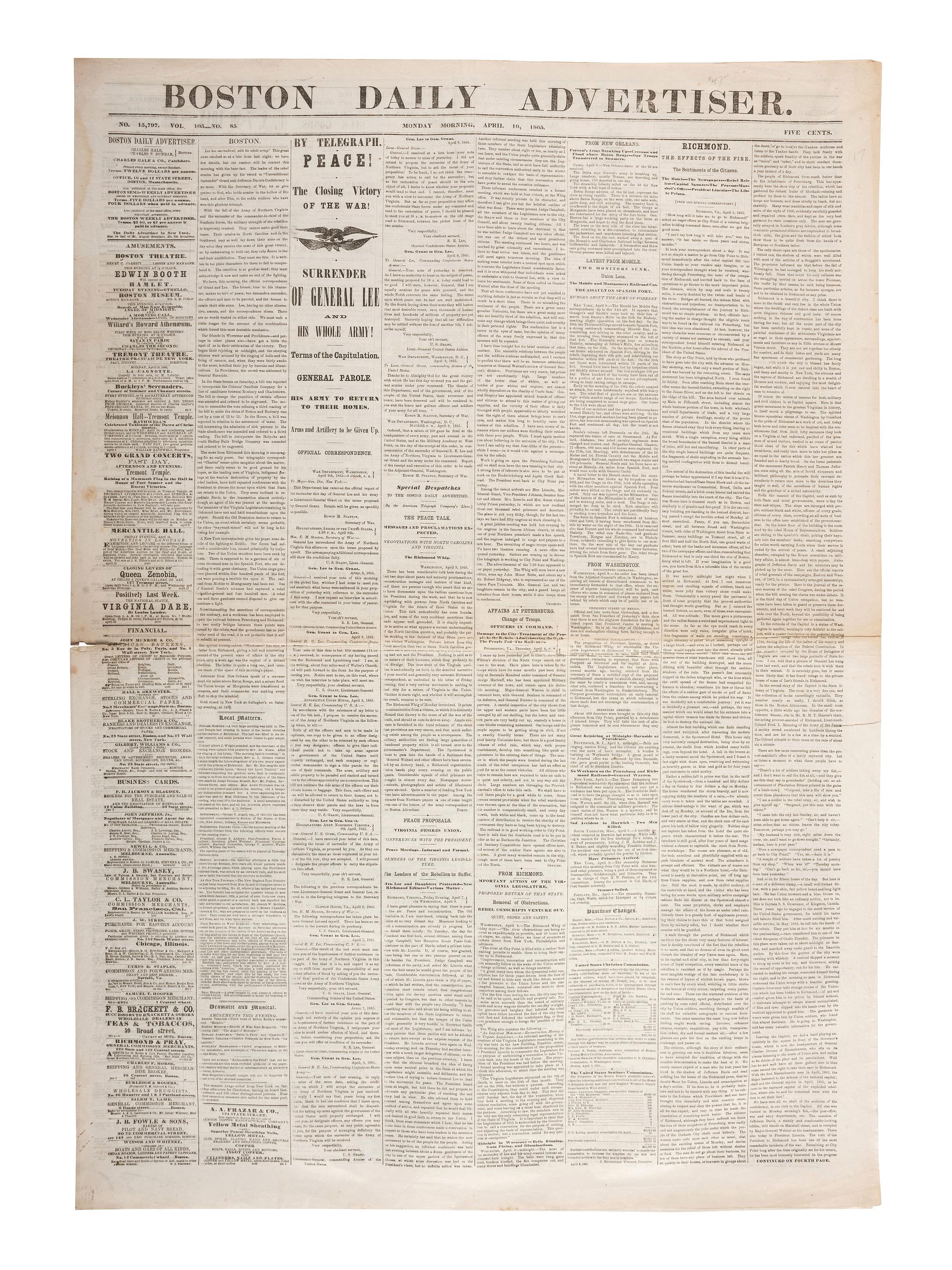 [CIVIL WAR - APPOMATTOX COURT HOUSE]. Boston Daily Advertiser. Vol. 105, No. 85. Boston, MA: Charles Hale & Co., 10 April 1865.