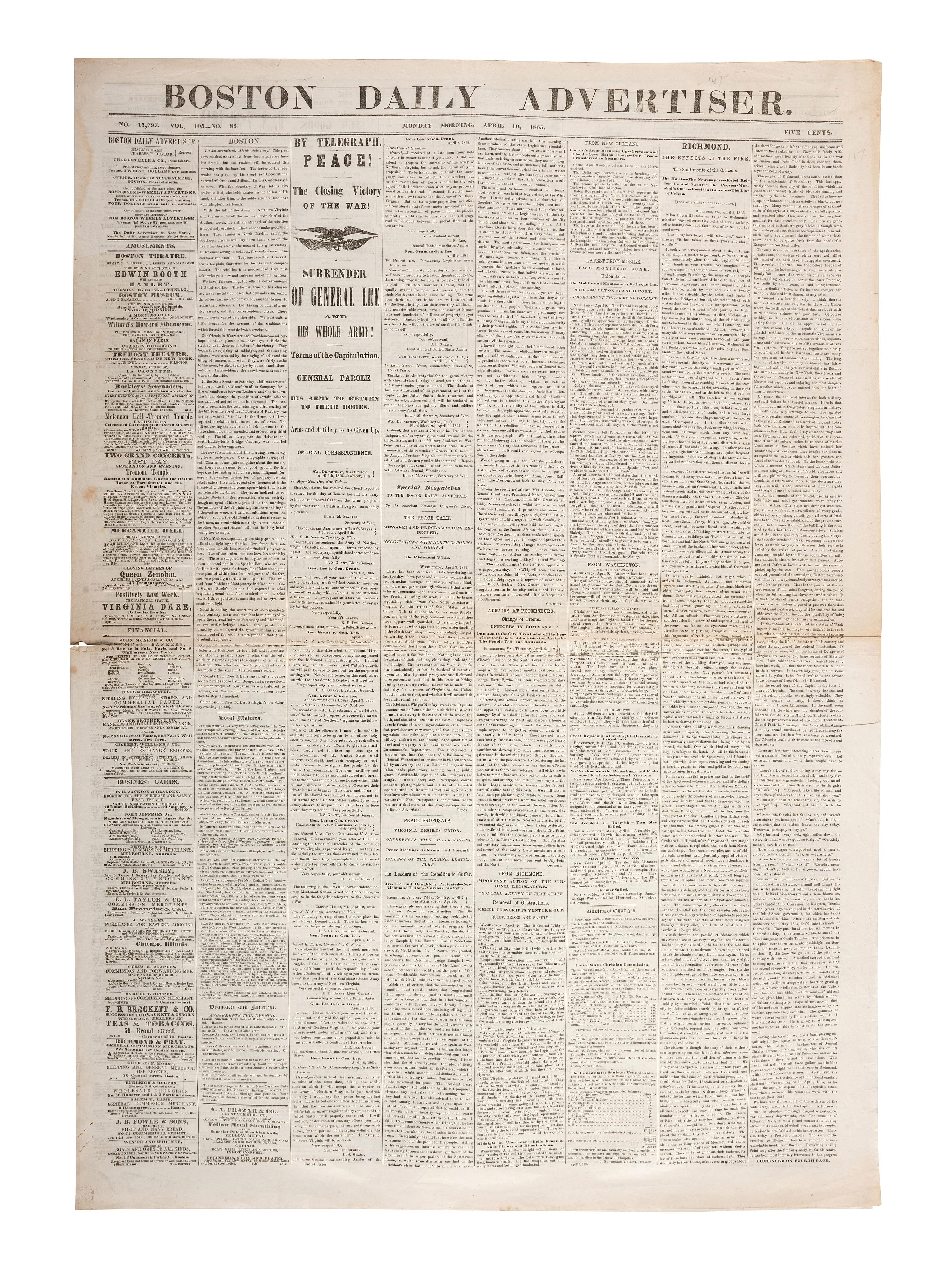 [CIVIL WAR - APPOMATTOX COURT HOUSE]. Boston Daily Advertiser. Vol. 105, No. 85. Boston, MA: Charles Hale & Co., 10 April 1865.