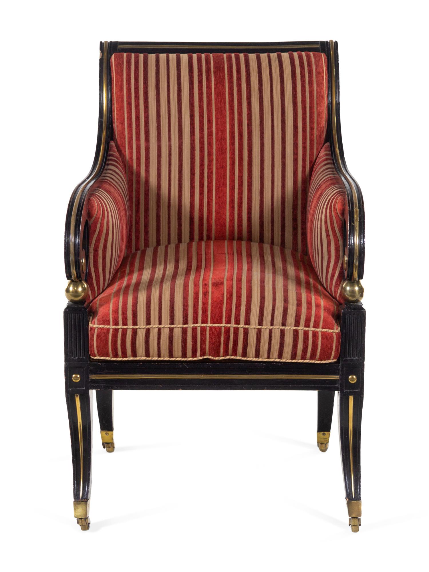 A Russian Empire Brass Mounted Black Lacquered Armchair