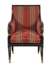 A Russian Empire Brass Mounted Black Lacquered Armchair