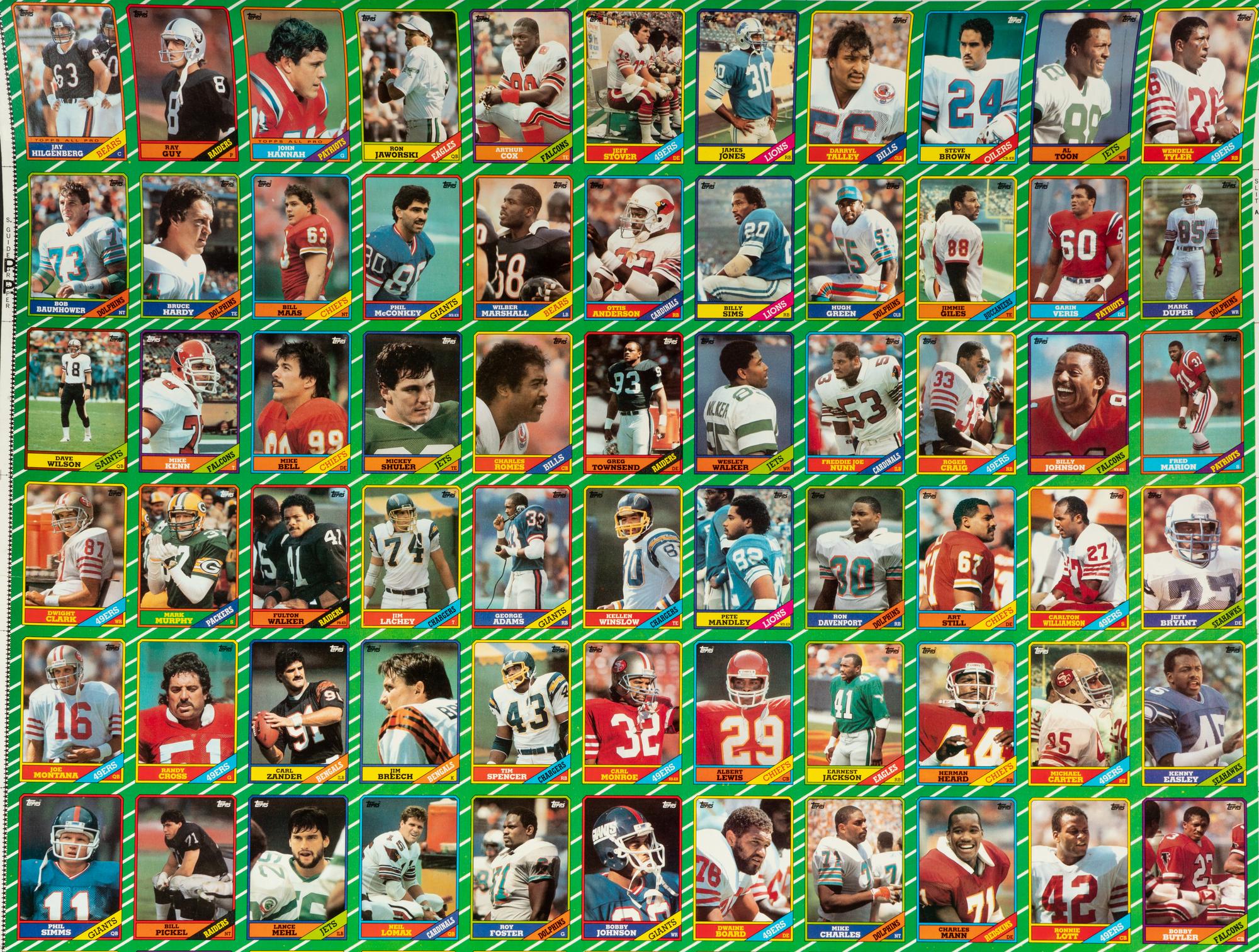 An Uncut Sheet of 1986 Topps Football Cards Featuring Jerry Rice and Steve Young Rookie Cards