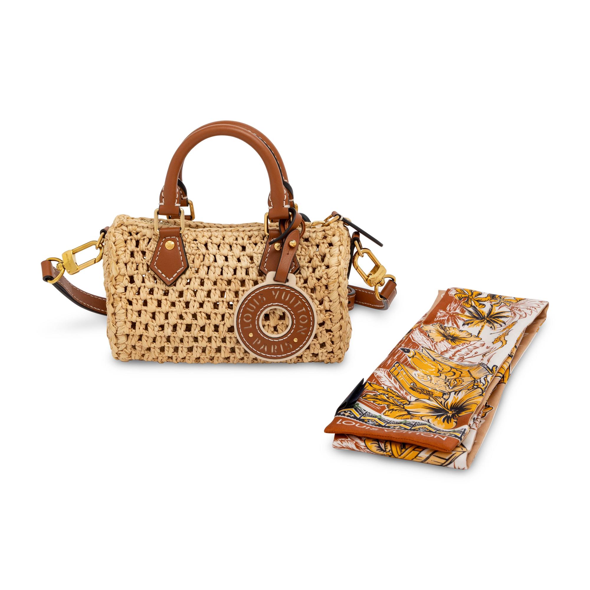 Louis Vuitton, Nano Speedy in Crocheted Raffia & Printed Silk Bandeau Scarf