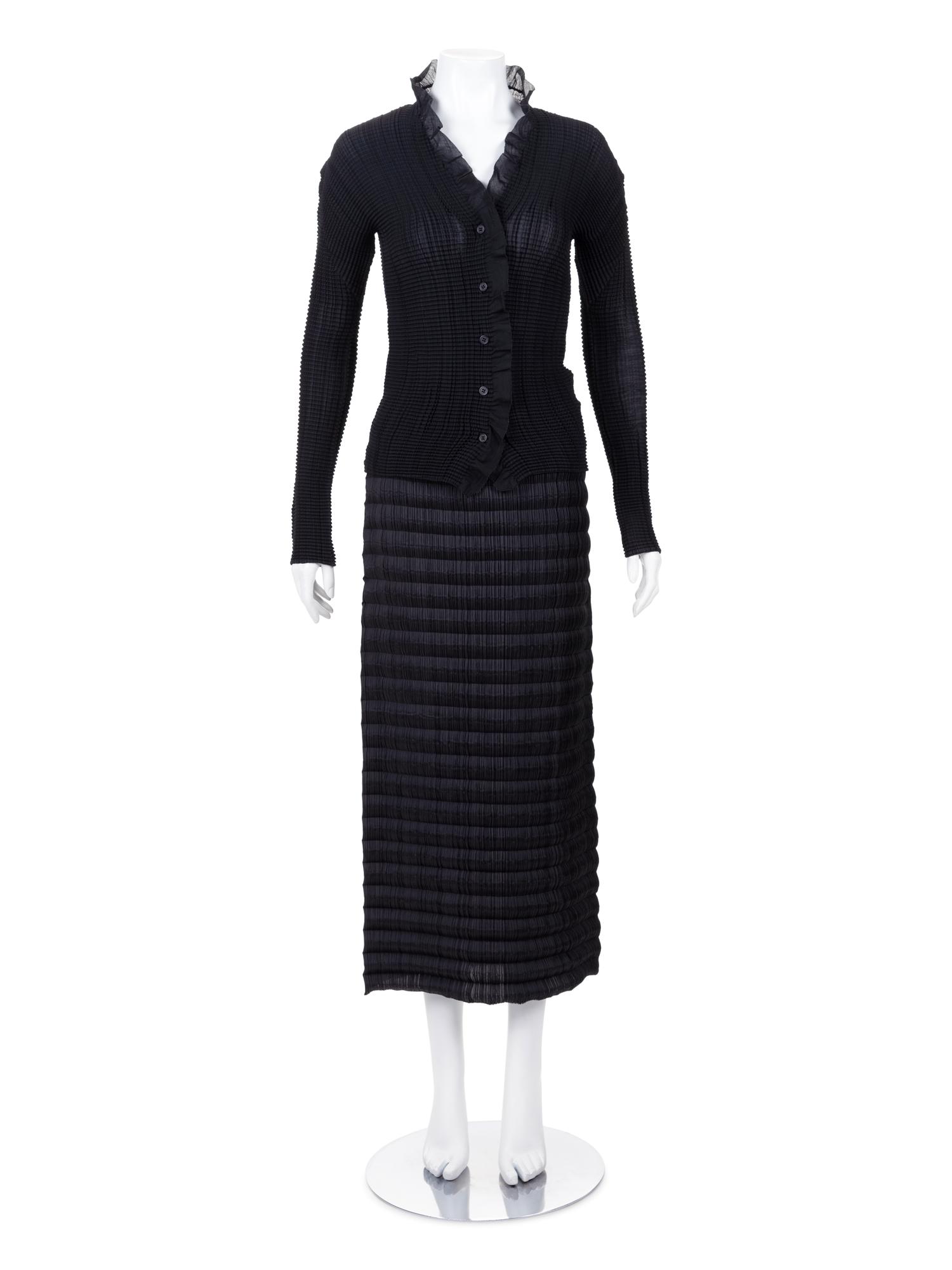 Three Issey Miyake Pleated Items: One Jacket, One Top, and One Skirt