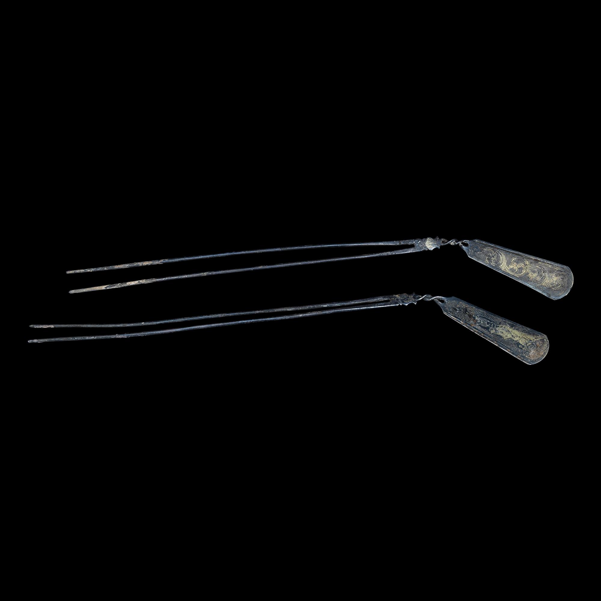 A Pair of Chinese Parcel Gilt Silver 'Bird and Foliate' Hairpins, Chai, Tang Dynasty 唐 鎏金卷草飛鳥紋銀釵一對