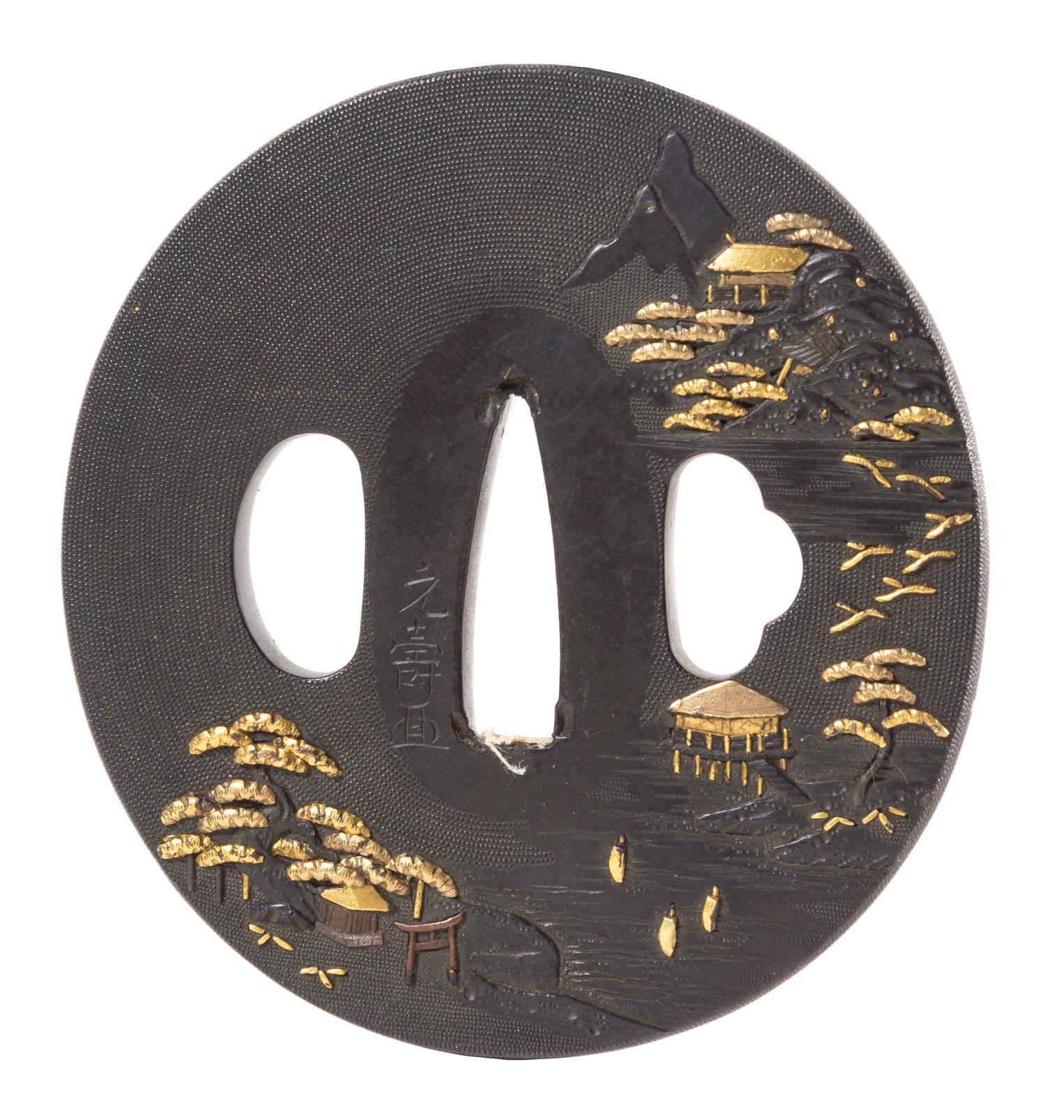 A Gilt Decorated Iron Tsuba Height 2 7/8 inches. — 19TH CENTURY