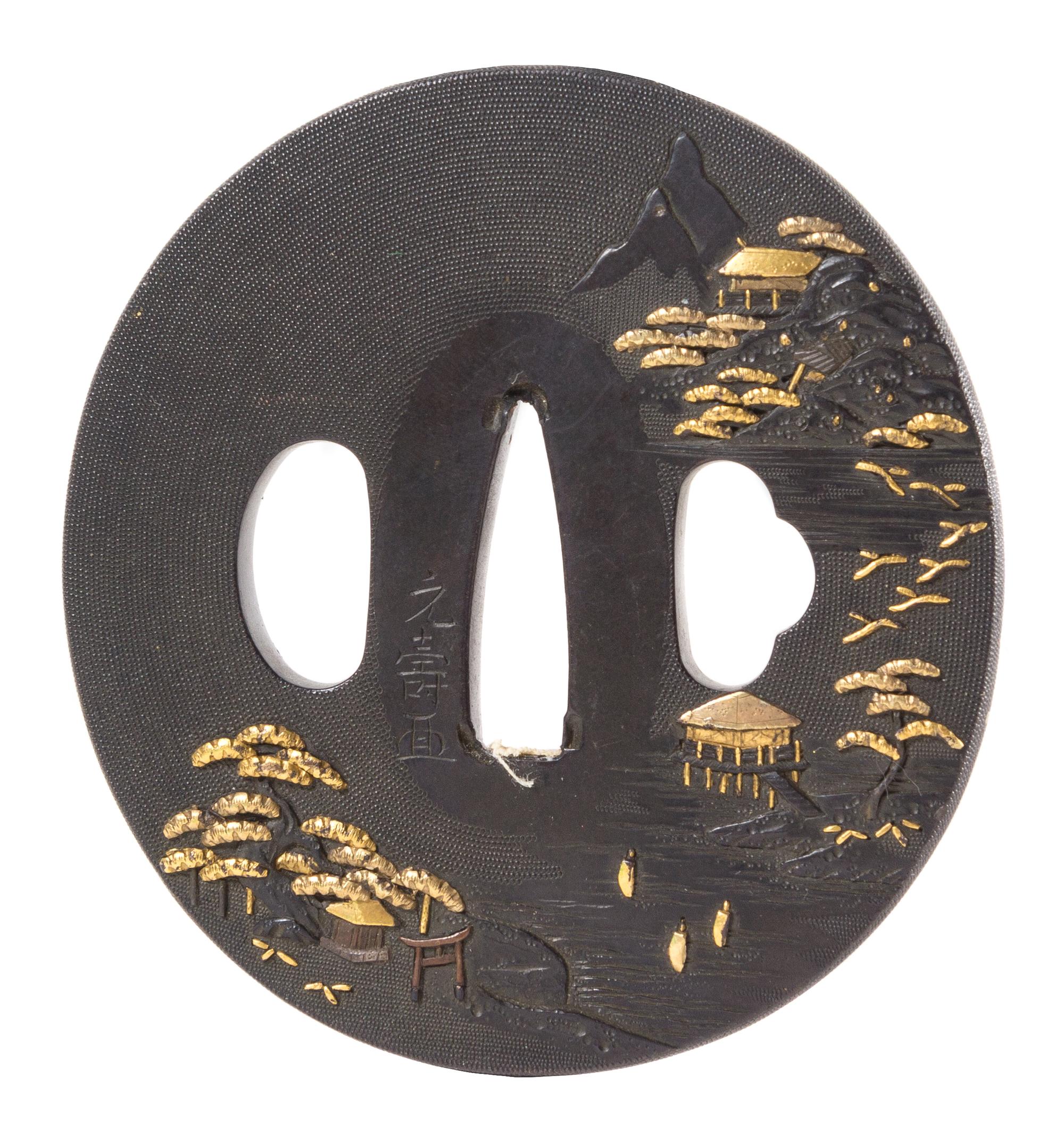 A Gilt Decorated Iron Tsuba Height 2 7/8 inches. — 19TH CENTURY