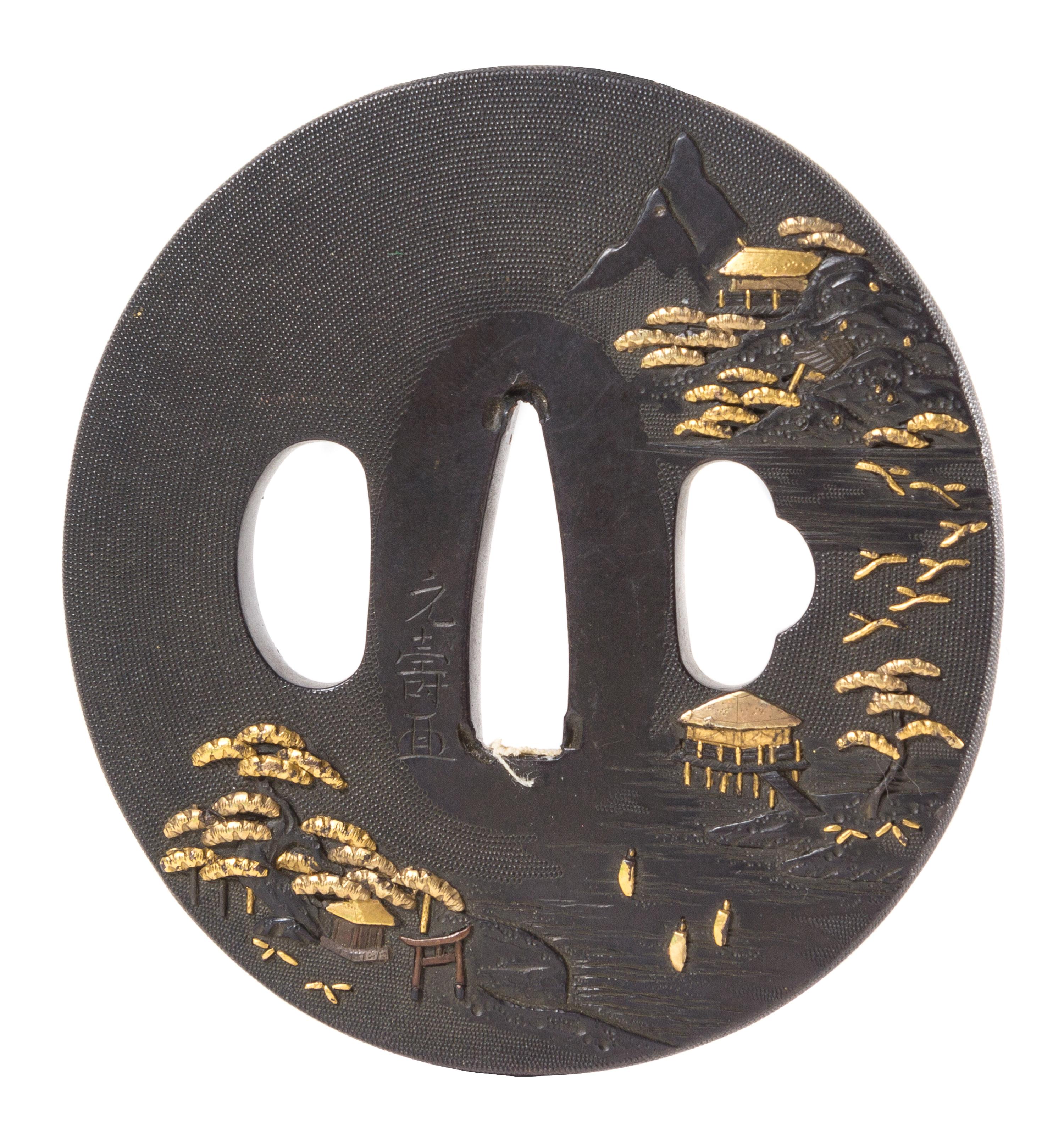 A Gilt Decorated Iron Tsuba Height 2 7/8 inches. — 19TH CENTURY