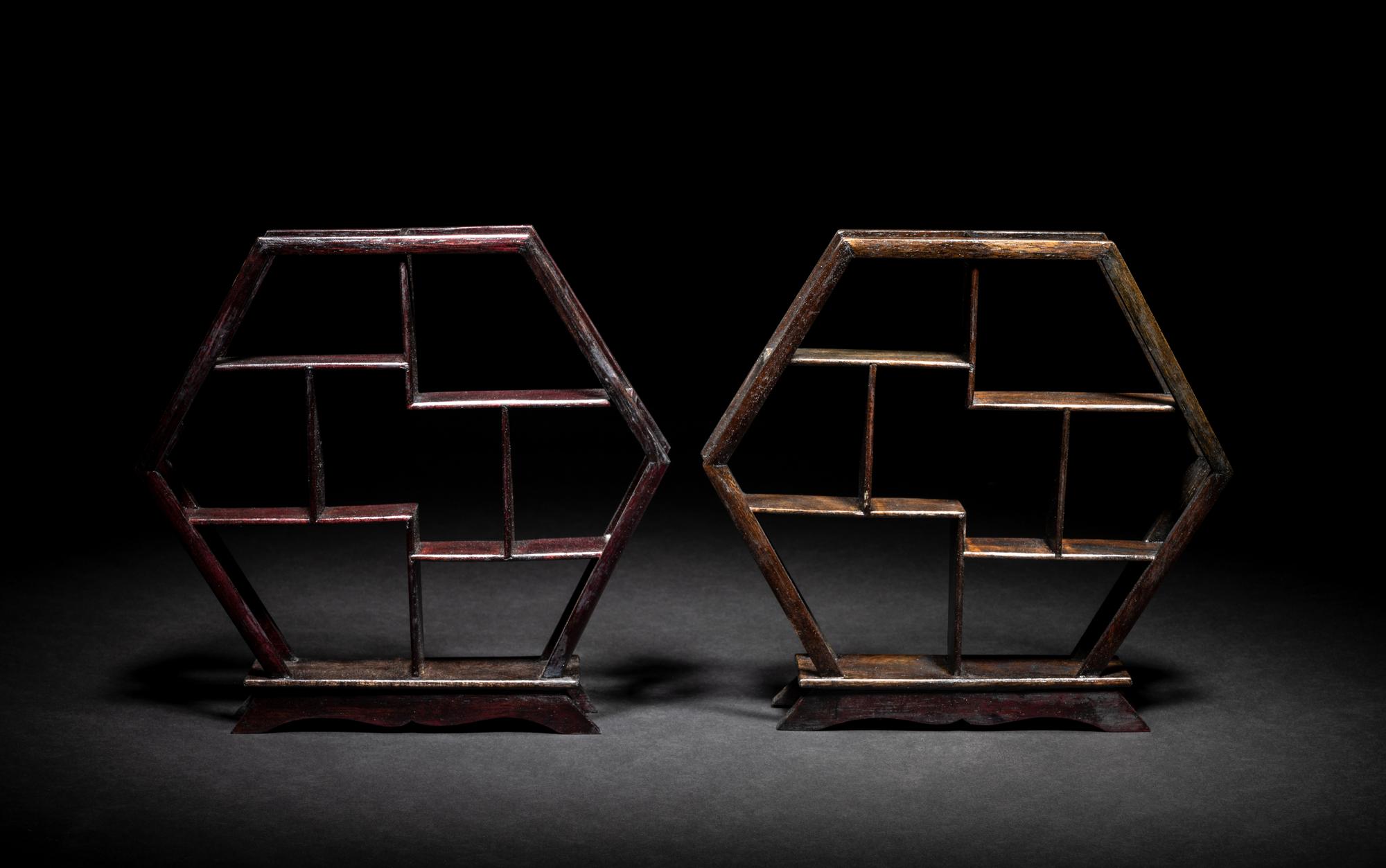 A Small Pair of Chinese Hardwood Displaying Shelves