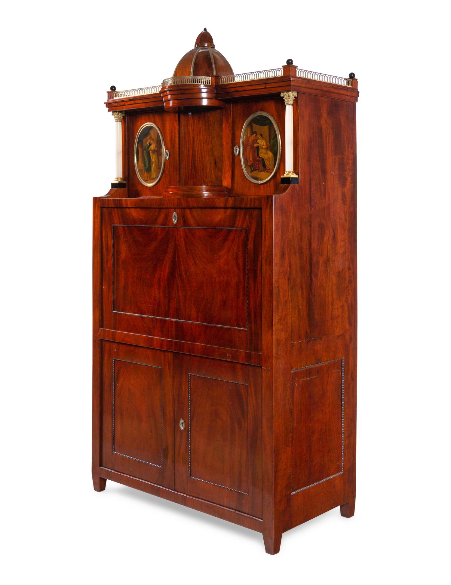 A German Neoclassical Gilt Bronze and Alabaster Mounted Mahogany Secretary Bureau