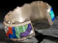 Sterling Silver Cuff Bracelet, with Mosaic Inlay Monument Valley Scene