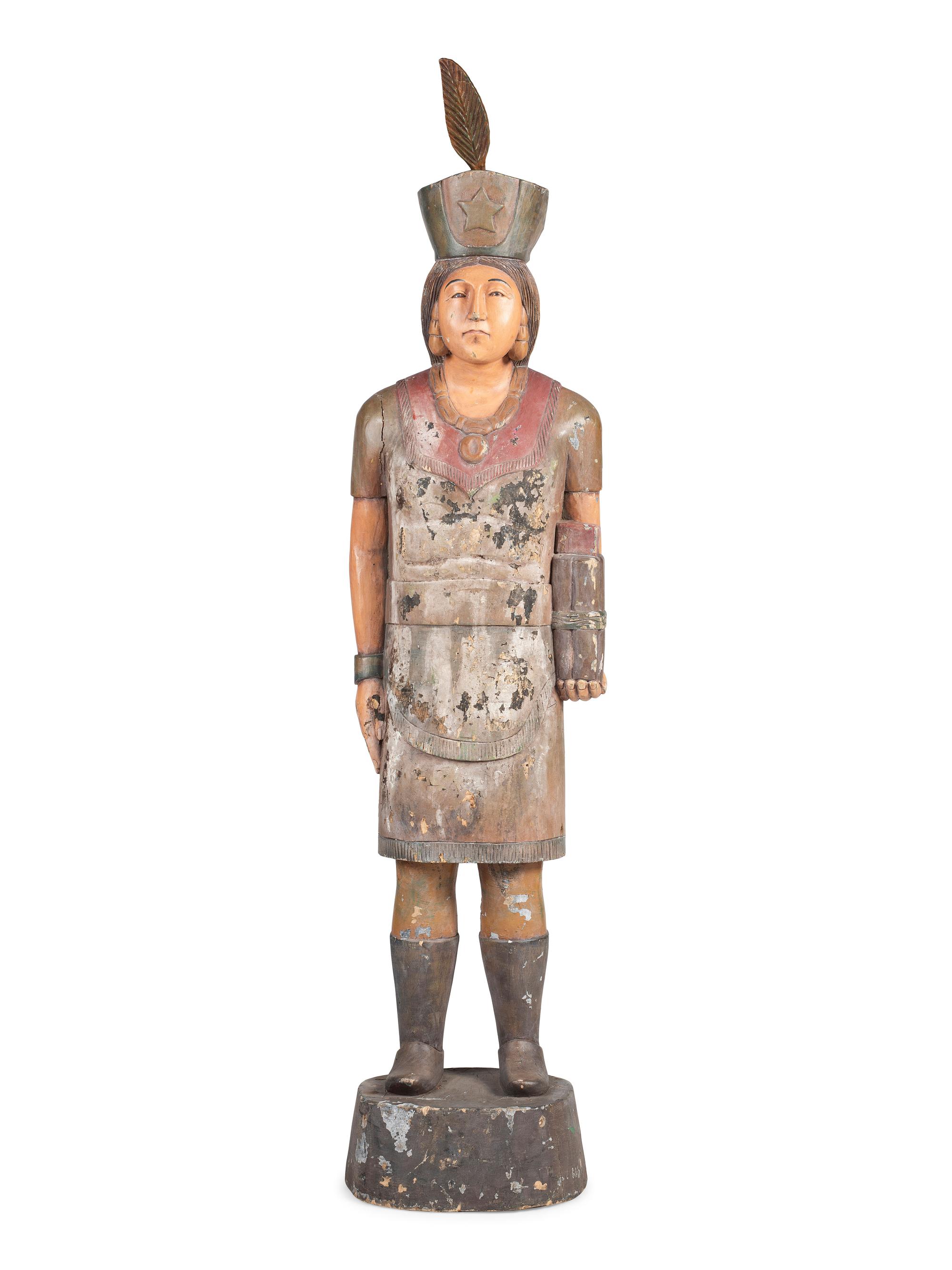 A Folk Art Carved and Painted Pine Native American Cigar Store Figure