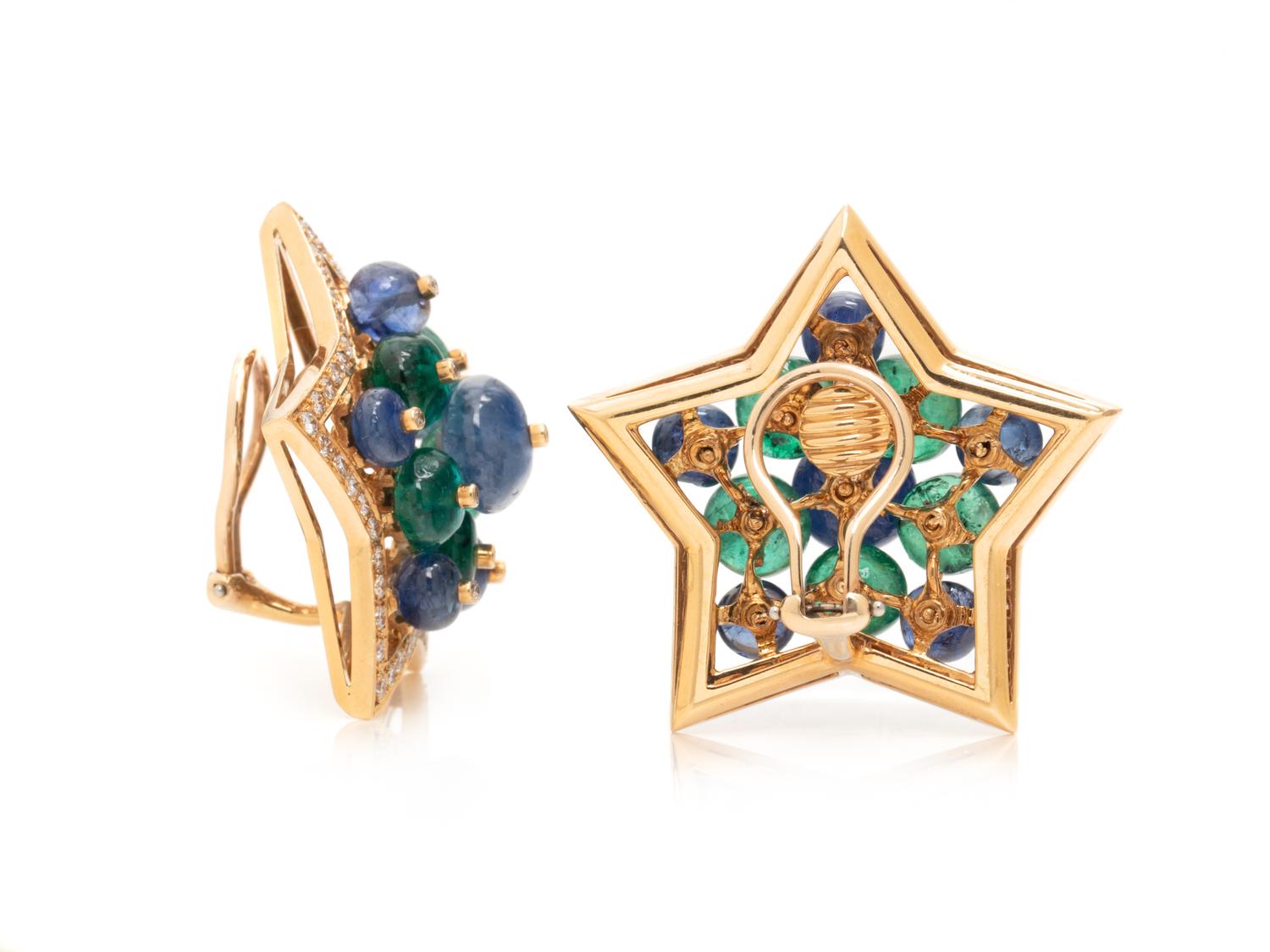 SAPPHIRE, EMERALD, AND DIAMOND STAR EARRINGS