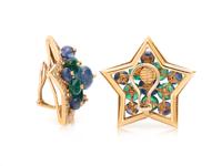 SAPPHIRE, EMERALD, AND DIAMOND STAR EARRINGS