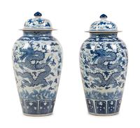A Pair of Chinese Export Blue and White Porcelain Covered Jars