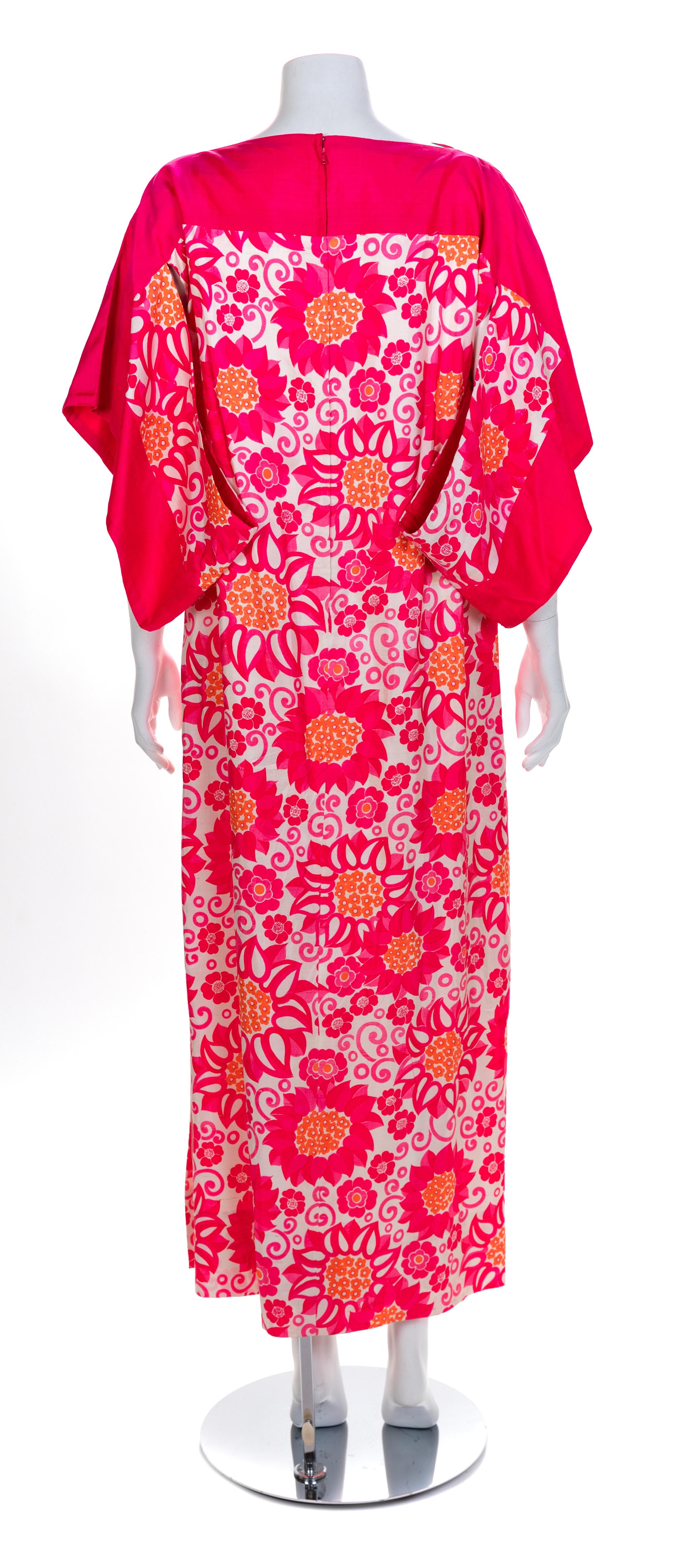 Balmain Boutique Pink, White and Orange Silk Print Caftan, 1960-70s No size label