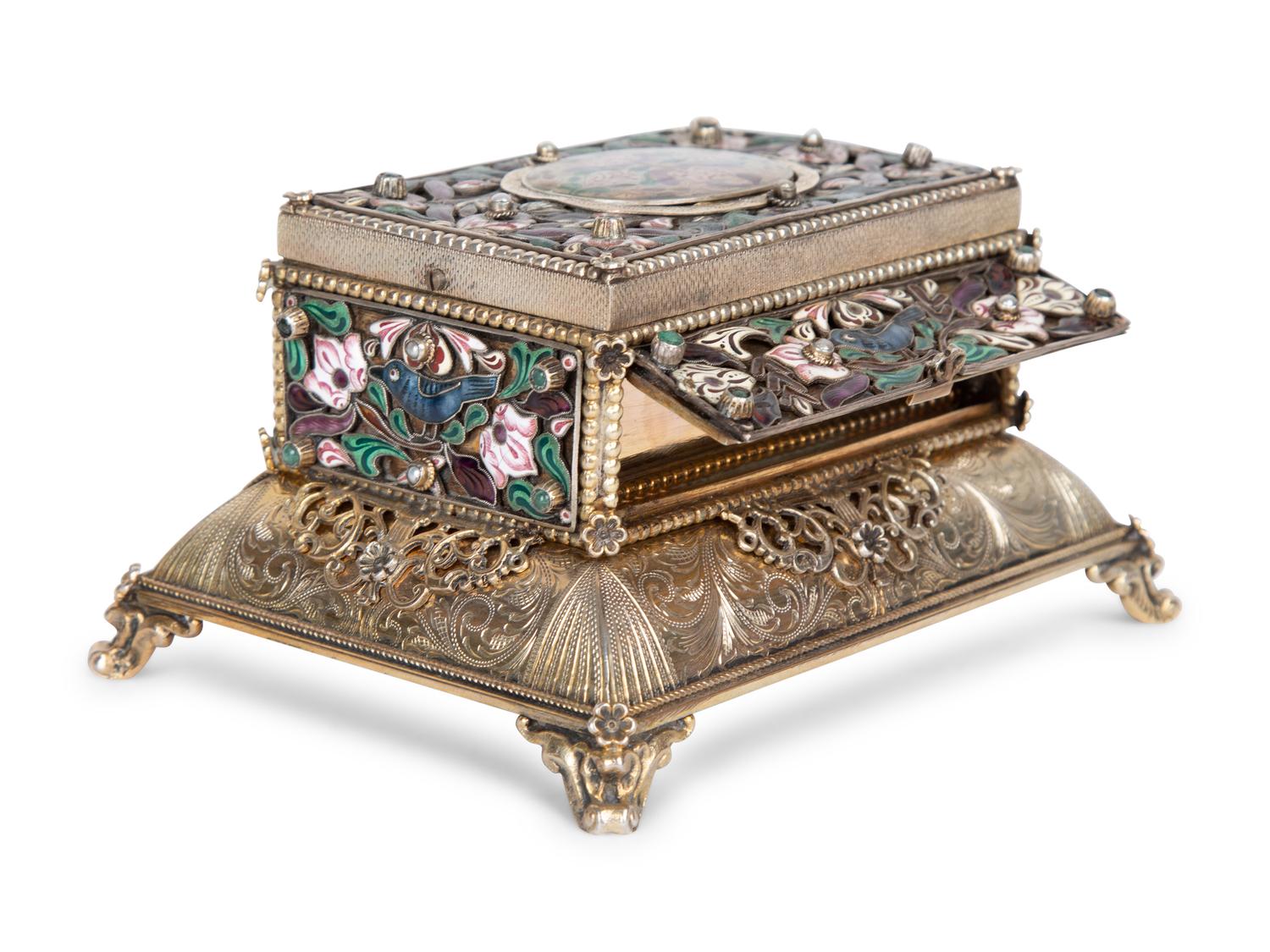 A Continental Enameled Silver Gilt Singing Bird Automaton Box — 19TH CENTURY