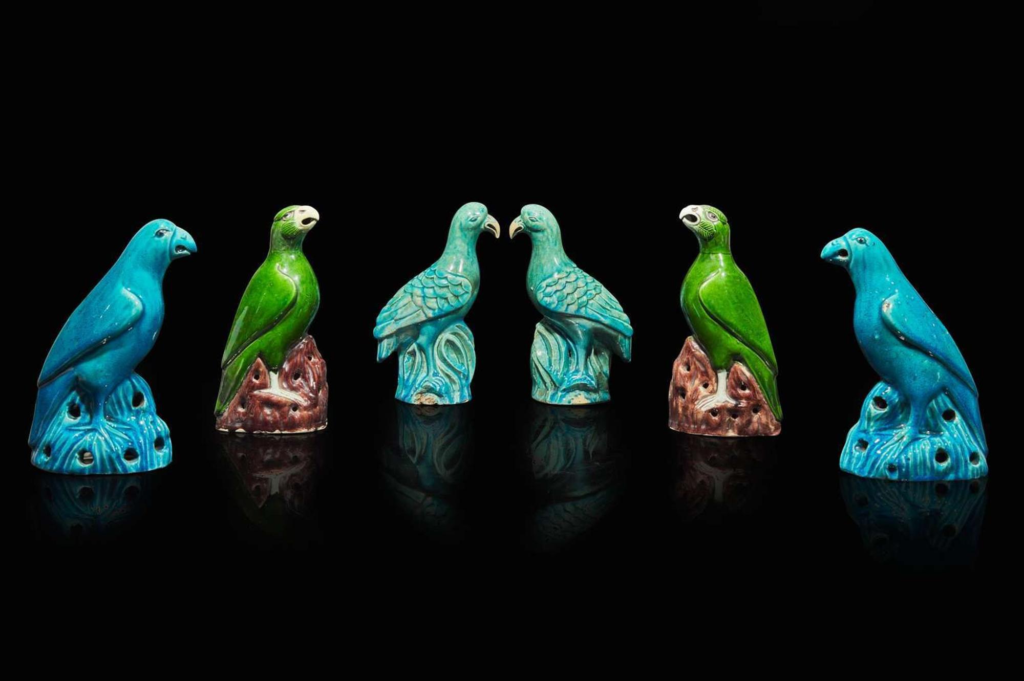 Three pairs of Chinese export enameled porcelain birds 出口瓷塑鳥三對