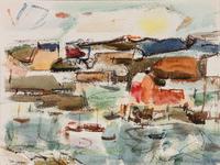 Four works: Sweden, 1951; Beach Scene; Rockport; and Harbor Scene