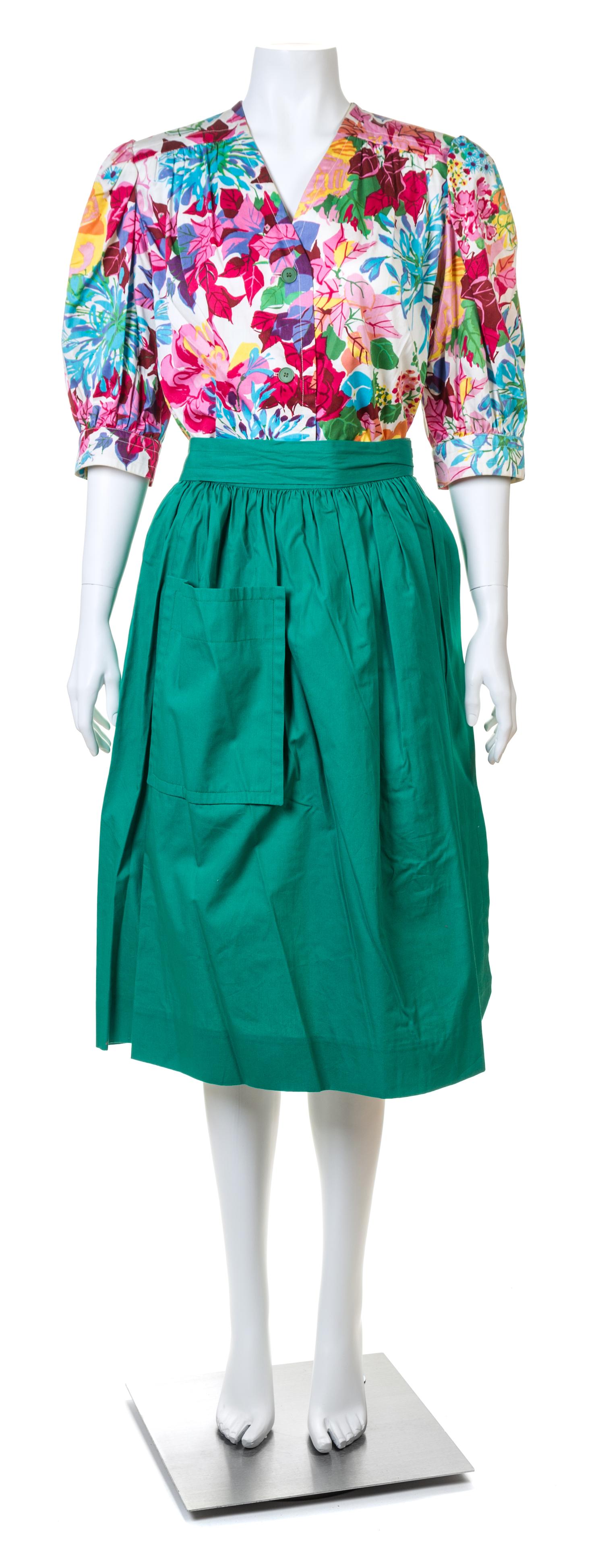 A Givenchy Multicolor Cotton Floral Top and Green Skirt Set, Top no size; Skirt size 42; Belt: 71" x 2".