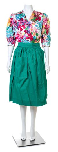A Givenchy Multicolor Cotton Floral Top and Green Skirt Set, Top no size; Skirt size 42; Belt: 71" x 2".