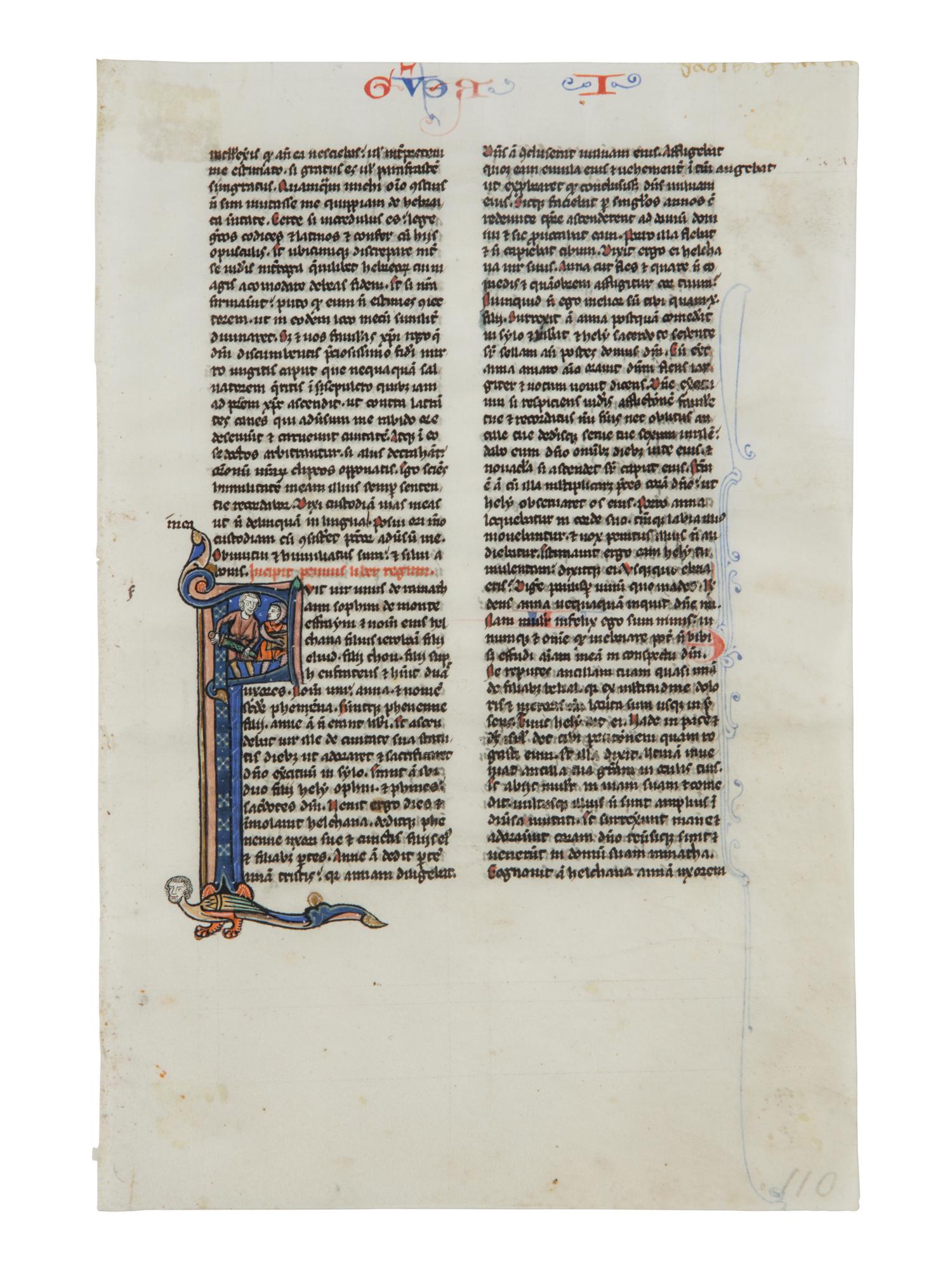 JOHANNES GRUSCH ATELIER (active Paris c. 1230s–1270s) Single leaf with historiated Initial ‘F’ with The Killing of the Sons of Heli from a Bible , in Latin, illuminated manuscript on parchment [France, Paris, c. 1250]