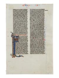 JOHANNES GRUSCH ATELIER (active Paris c. 1230s–1270s) Single leaf with historiated Initial ‘F’ with The Killing of the Sons of Heli from a Bible , in Latin, illuminated manuscript on parchment [France, Paris, c. 1250]