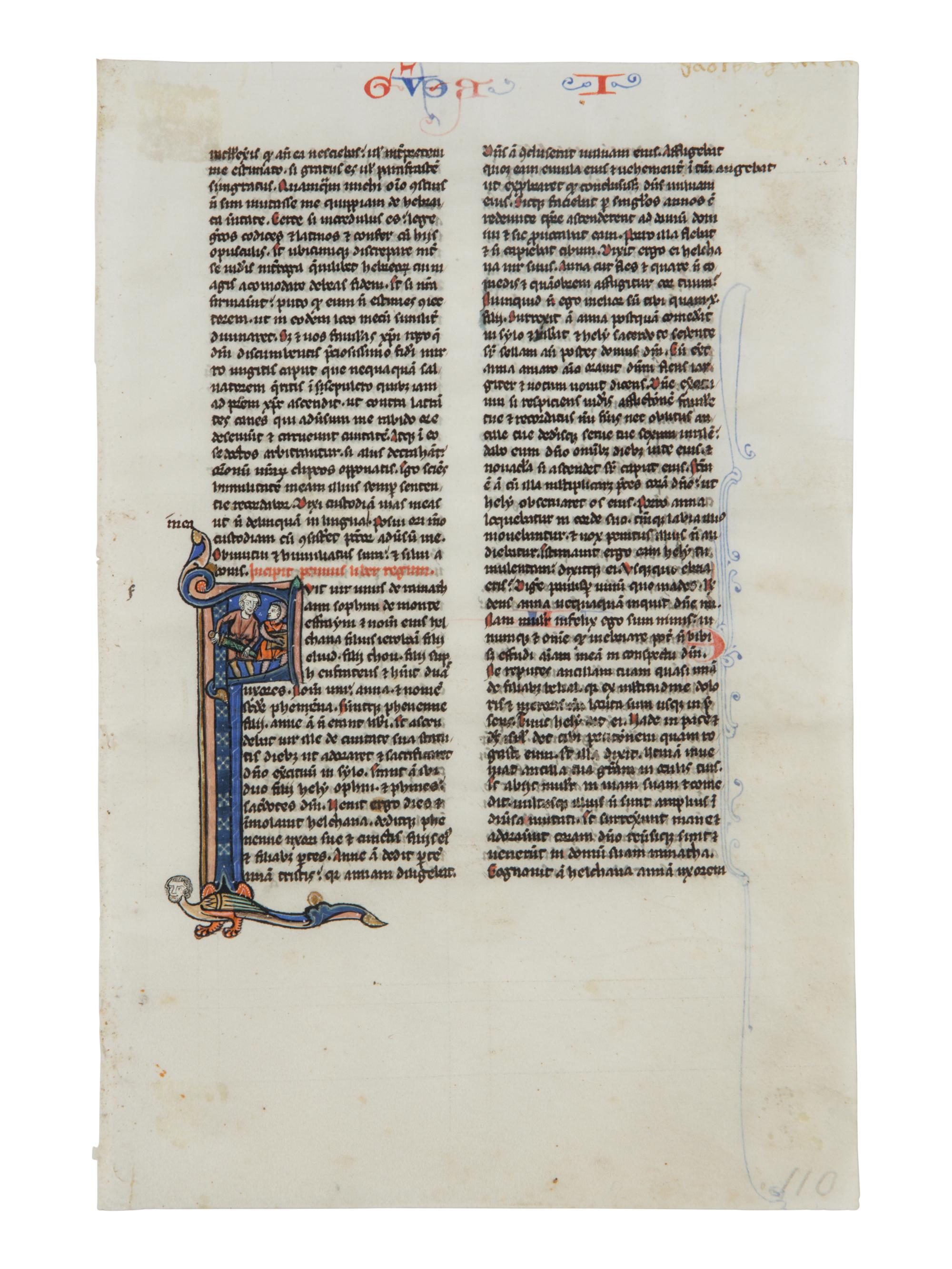 JOHANNES GRUSCH ATELIER (active Paris c. 1230s–1270s) Single leaf with historiated Initial ‘F’ with The Killing of the Sons of Heli from a Bible , in Latin, illuminated manuscript on parchment [France, Paris, c. 1250]
