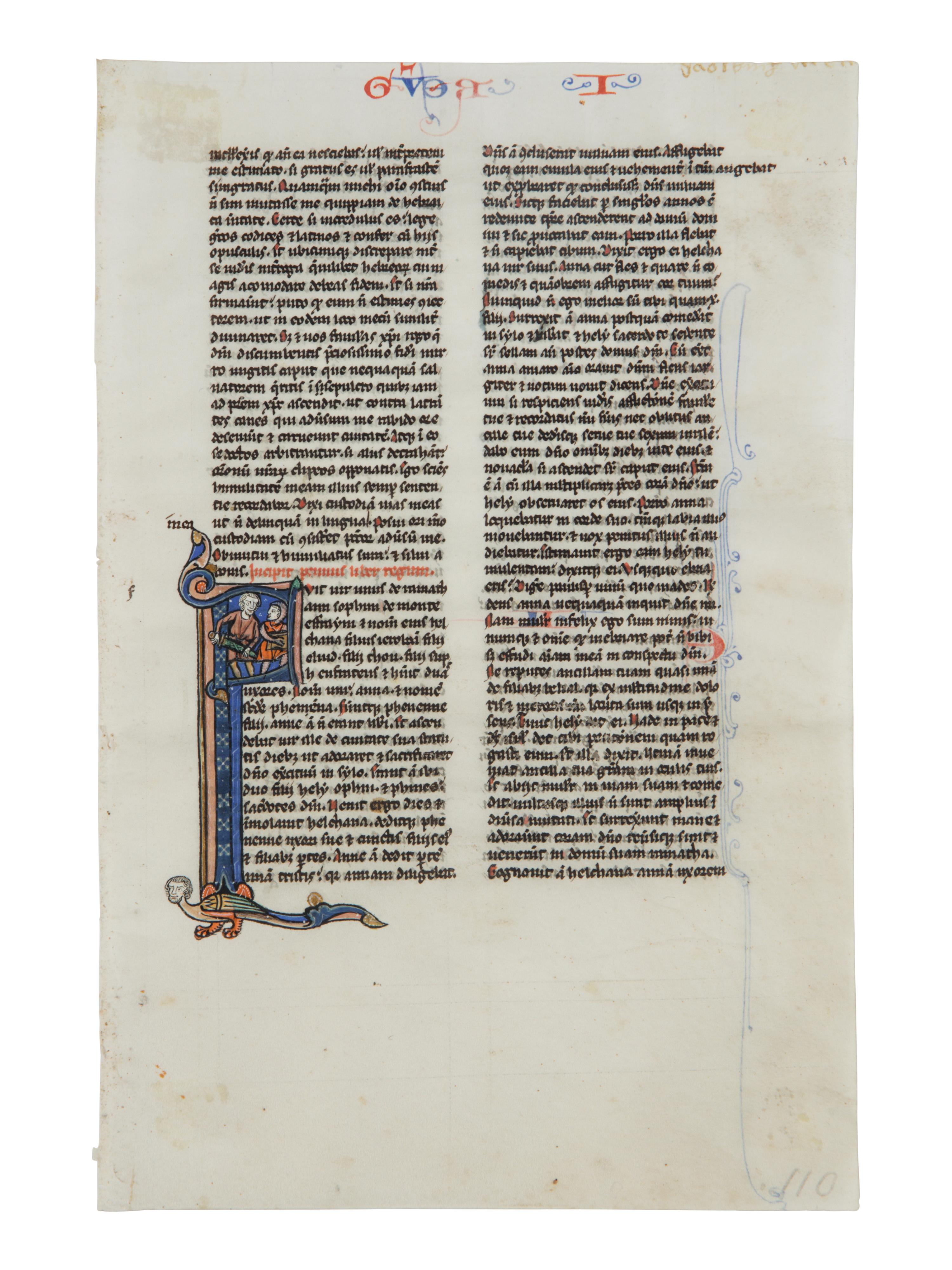 JOHANNES GRUSCH ATELIER (active Paris c. 1230s–1270s) Single leaf with historiated Initial ‘F’ with The Killing of the Sons of Heli from a Bible , in Latin, illuminated manuscript on parchment [France, Paris, c. 1250]