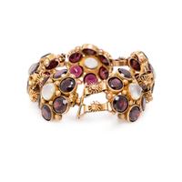 GARNET, MOONSTONE, AND YELLOW GOLD BRACELET
