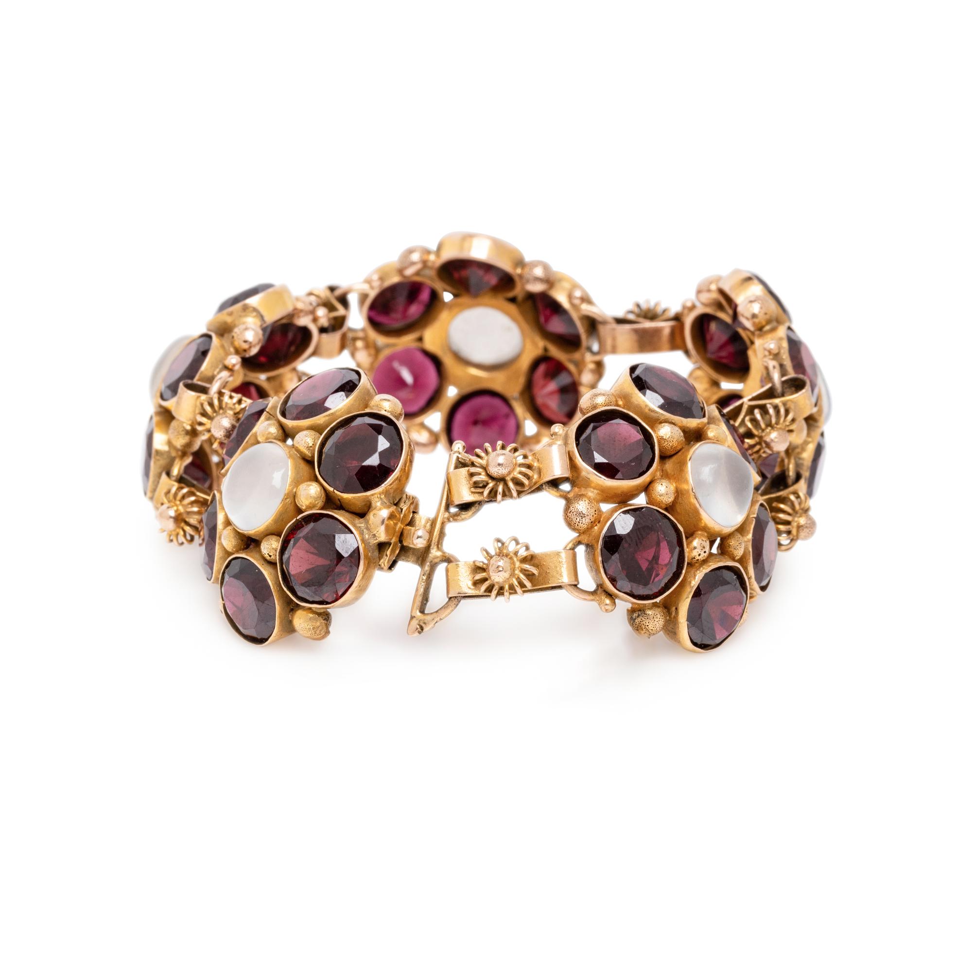 GARNET, MOONSTONE, AND YELLOW GOLD BRACELET