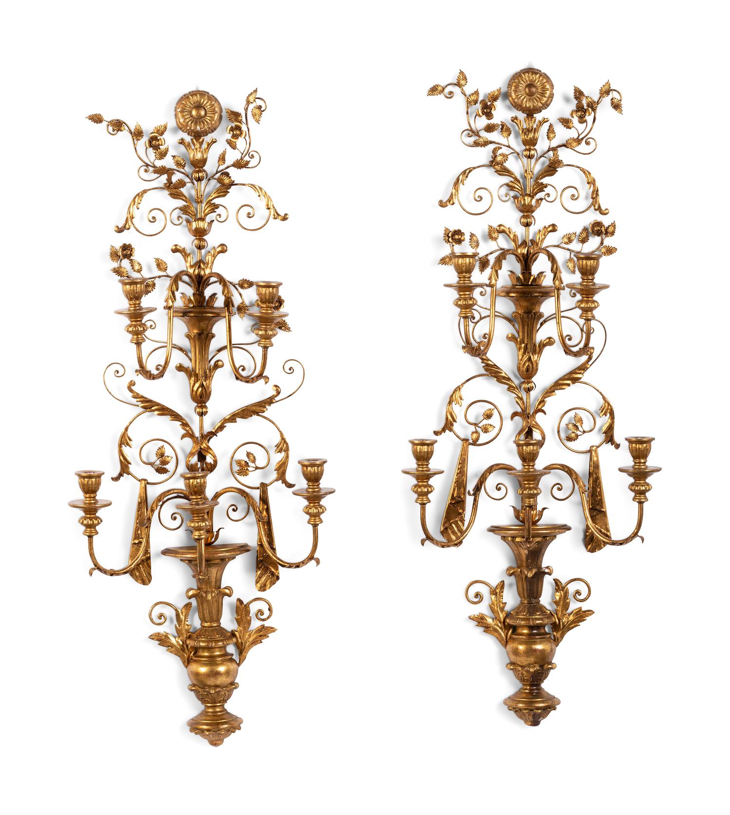 A Pair of Rococo Style Five Light Giltwood and Gilt Metal Wall Sconces
