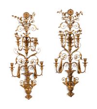 A Pair of Rococo Style Five Light Giltwood and Gilt Metal Wall Sconces