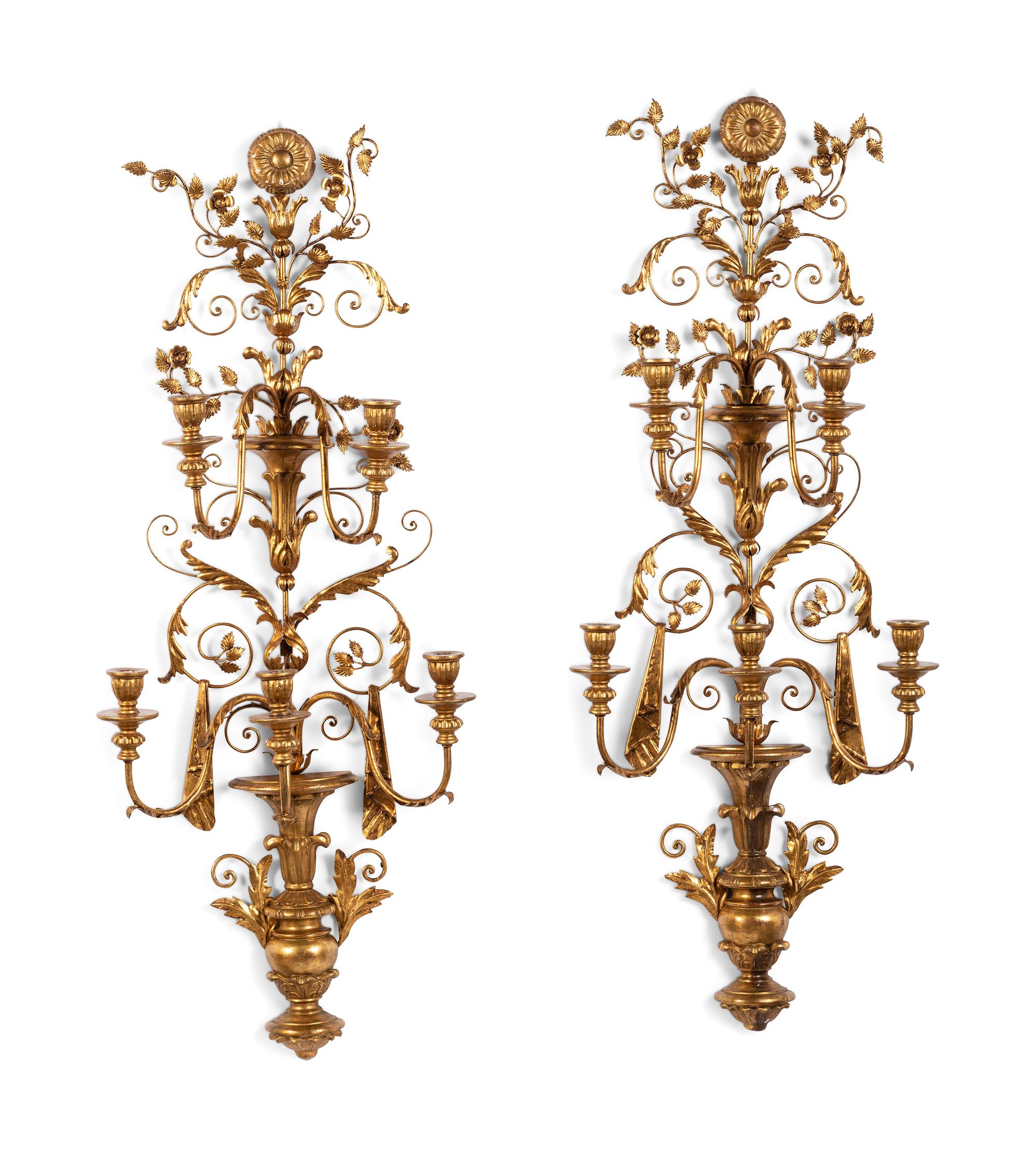A Pair of Rococo Style Five Light Giltwood and Gilt Metal Wall Sconces