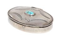 An American Silver Snuff Box, , of oval form, the lid having a gadrooned rim and centered with a turquoise cartouche.