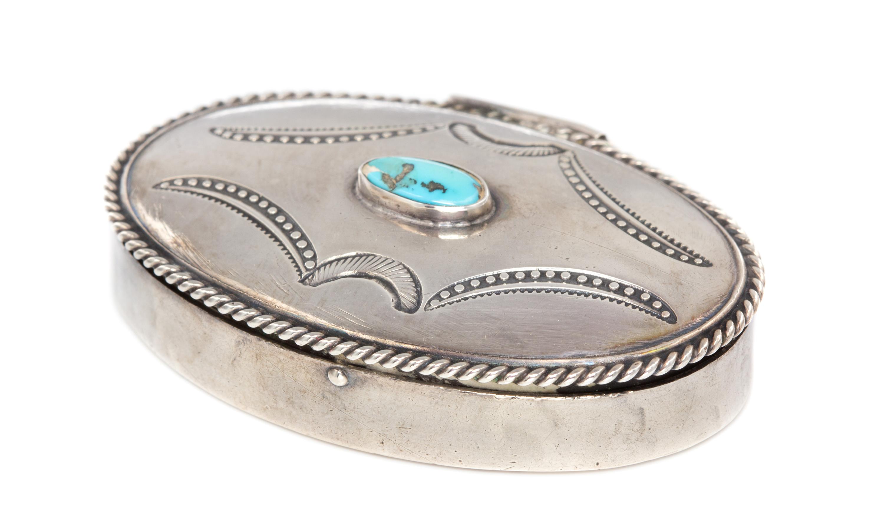 An American Silver Snuff Box, , of oval form, the lid having a gadrooned rim and centered with a turquoise cartouche.
