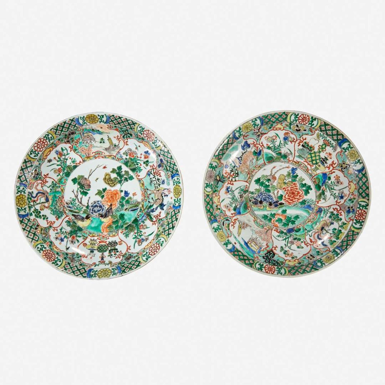 Two similar Chinese famille verte-decorated porcelain circular dishes Kangxi period