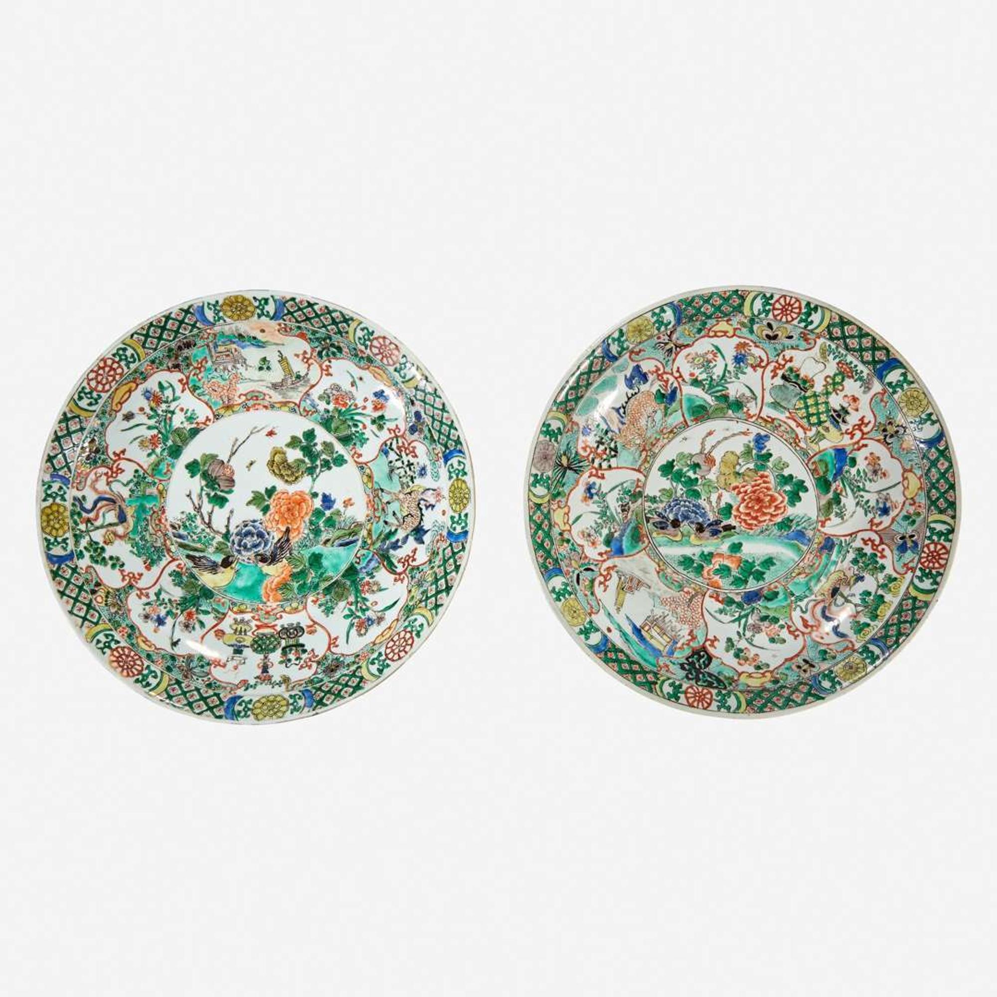 Two similar Chinese famille verte-decorated porcelain circular dishes Kangxi period