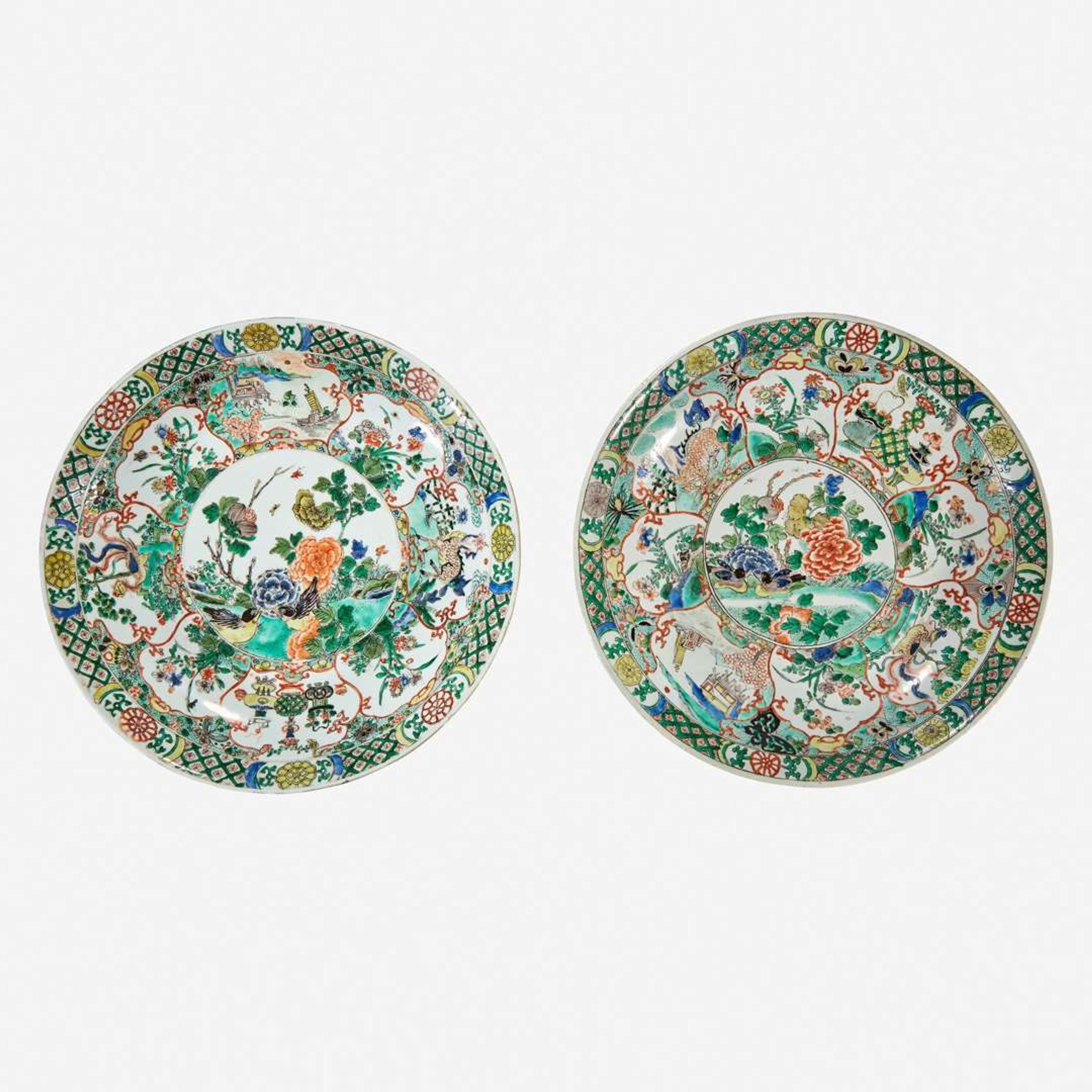 Two similar Chinese famille verte-decorated porcelain circular dishes Kangxi period