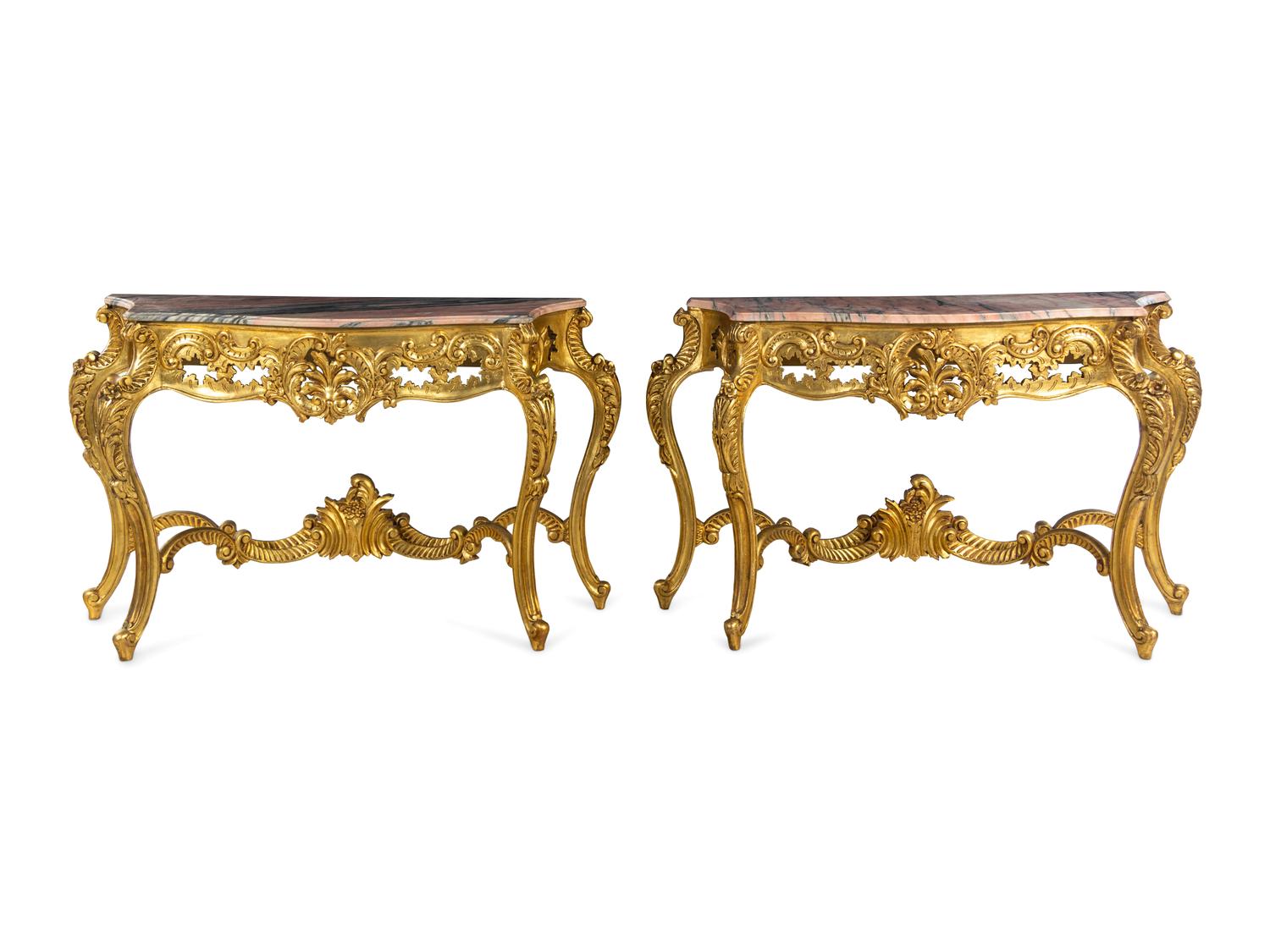 A Pair of Louis XV Style Giltwood Marble-Top Console Tables