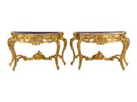 A Pair of Louis XV Style Giltwood Marble-Top Console Tables
