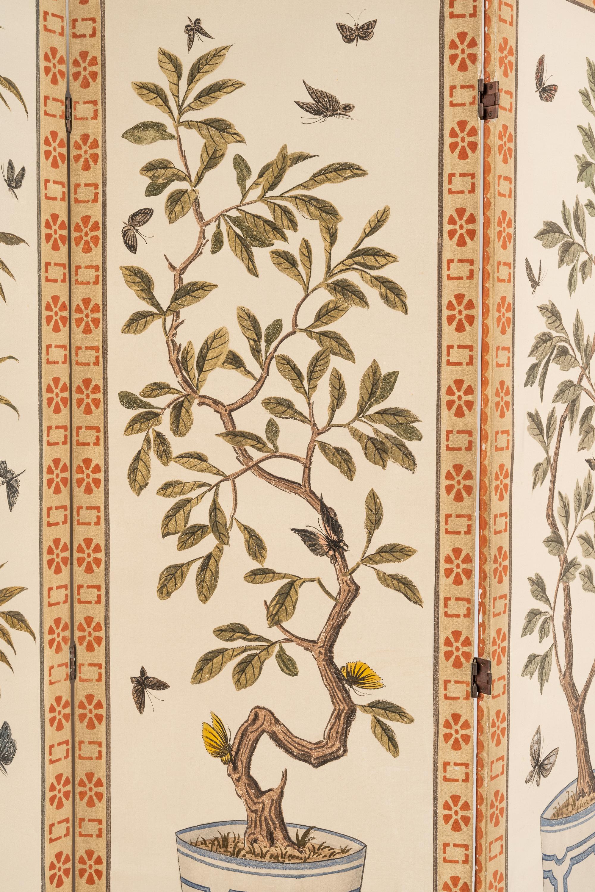 A Pair of Painted Three-Panel Screens