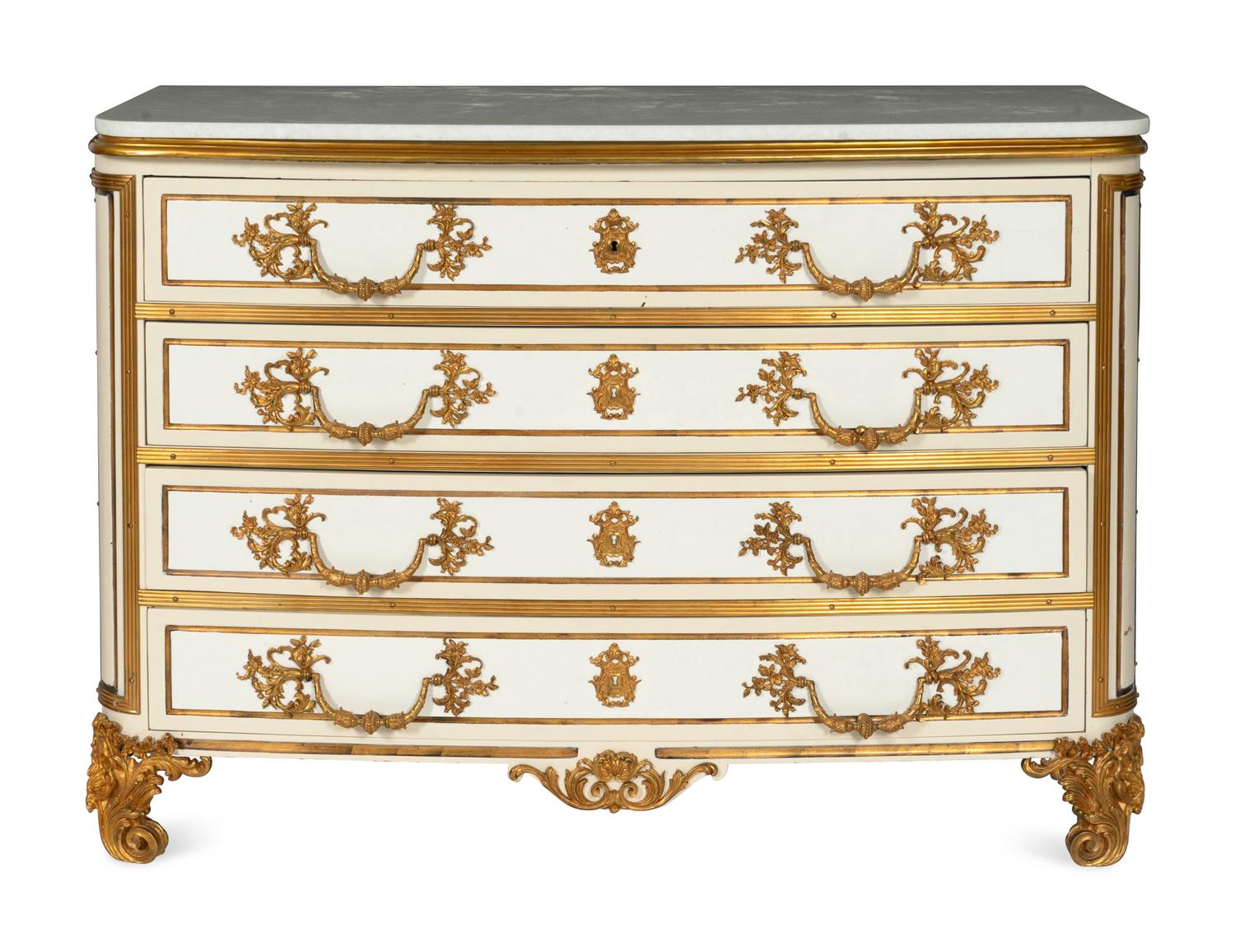 A Pair of Louis XIV Style Cream-Painted and Gilt Bronze Mounted Marble-Top Commodes